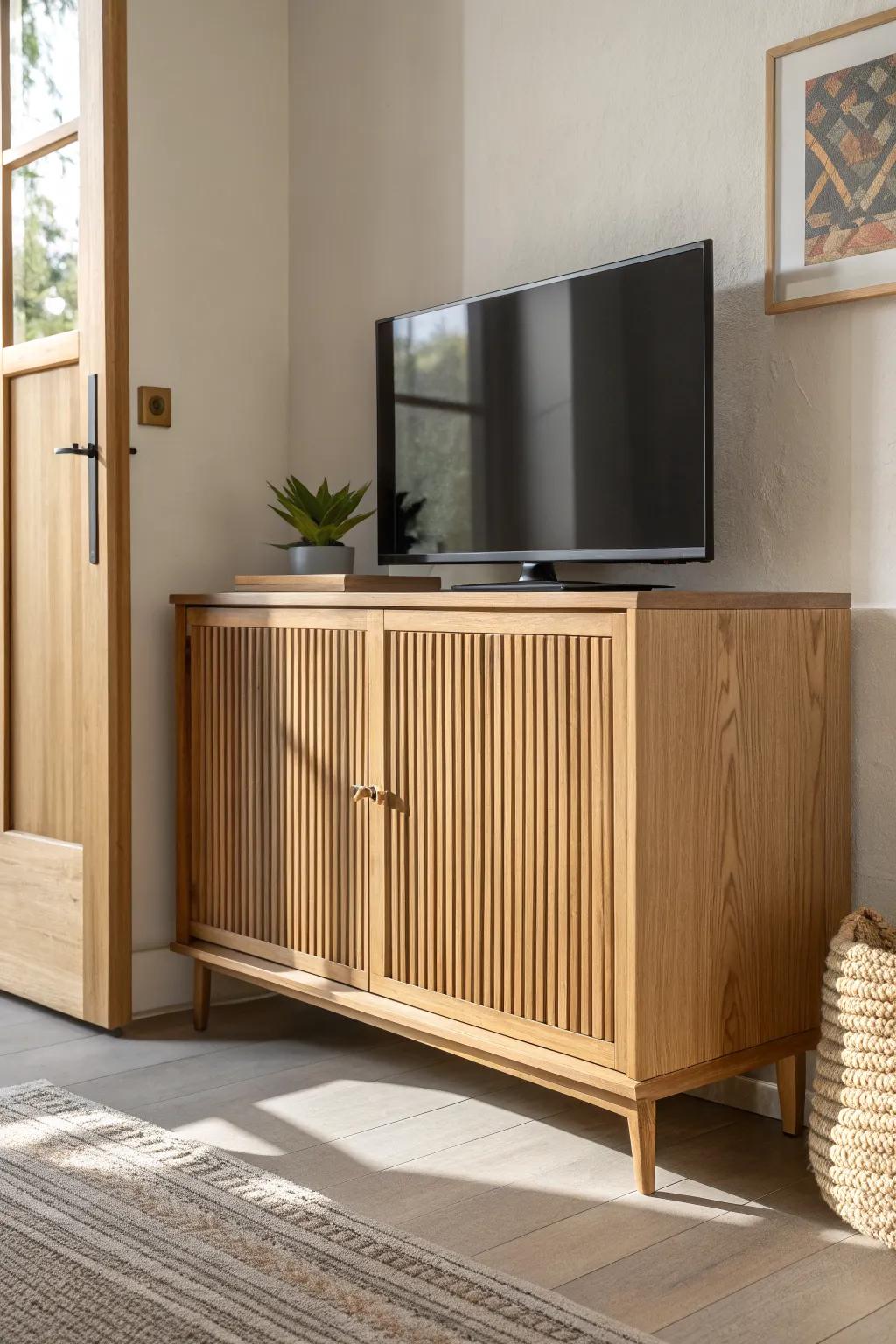 A tambour-door oak cabinet hides the screen—modern classic calm with crafted warmth.