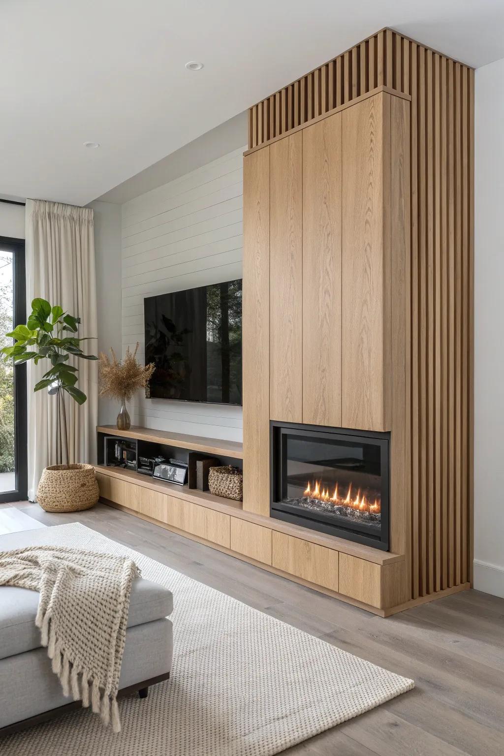 A sliding oak panel hides the corner fireplace—then reveals a cozy glow with sleek built-in style.
