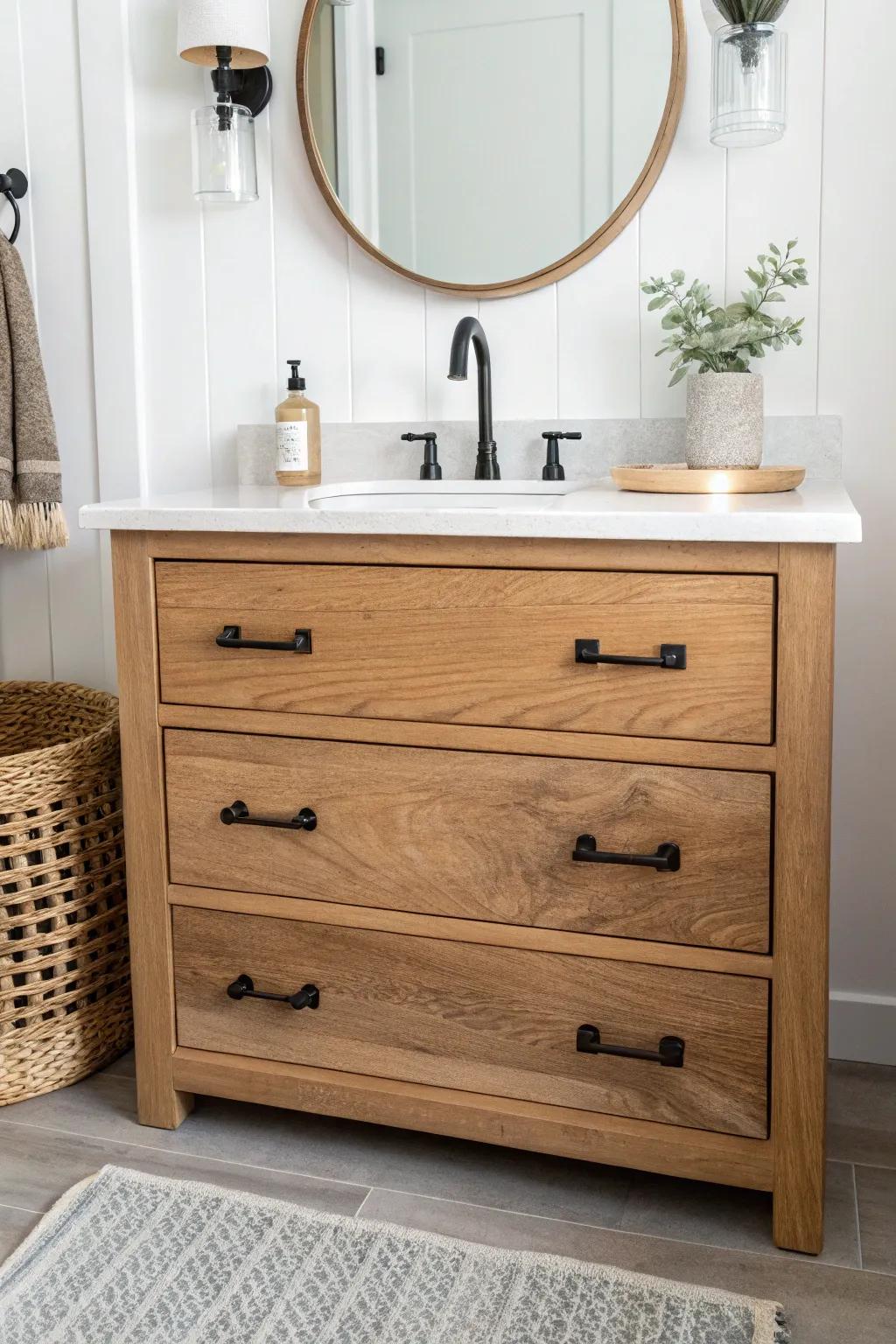 Old dresser turned modern farmhouse vanity—clean lines, natural oak, and sleek pulls.