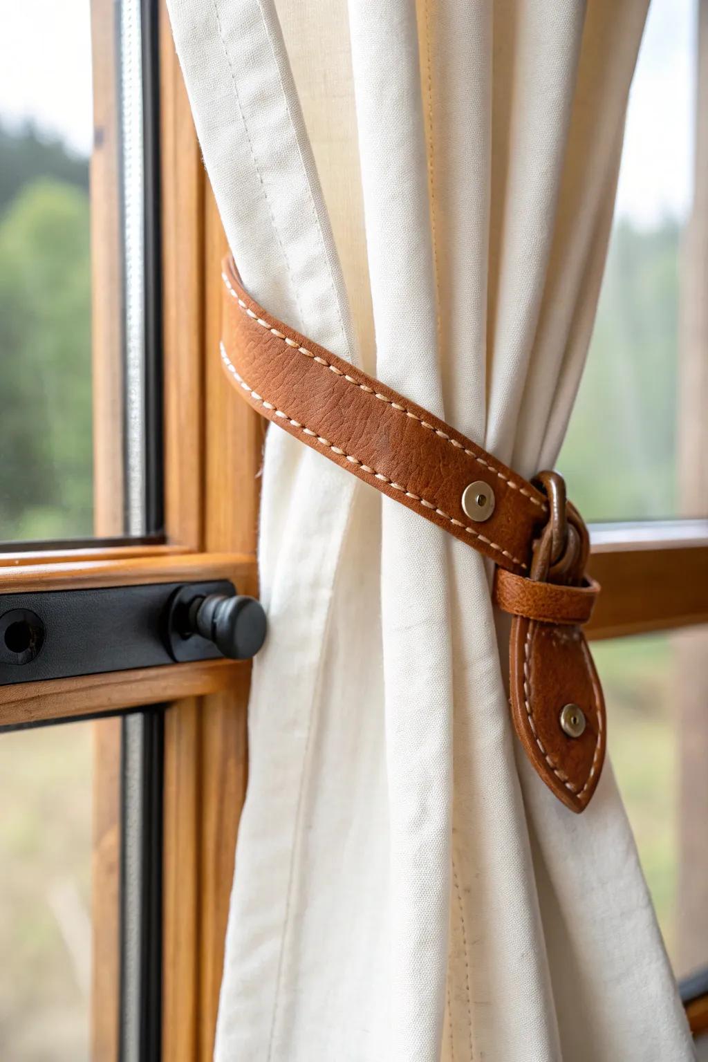 A simple leather tieback adds warm, handcrafted contrast to crisp white curtains and black rods.