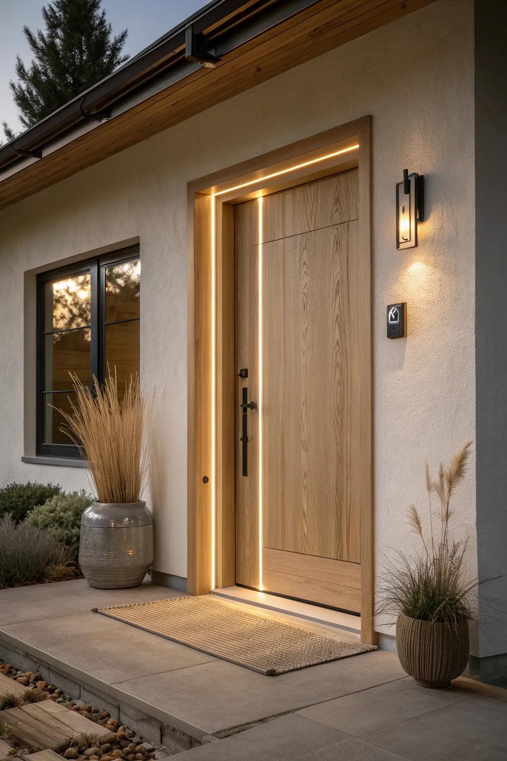 A floating LED glow line behind flat oak trim makes a modern front door feel unforgettable.