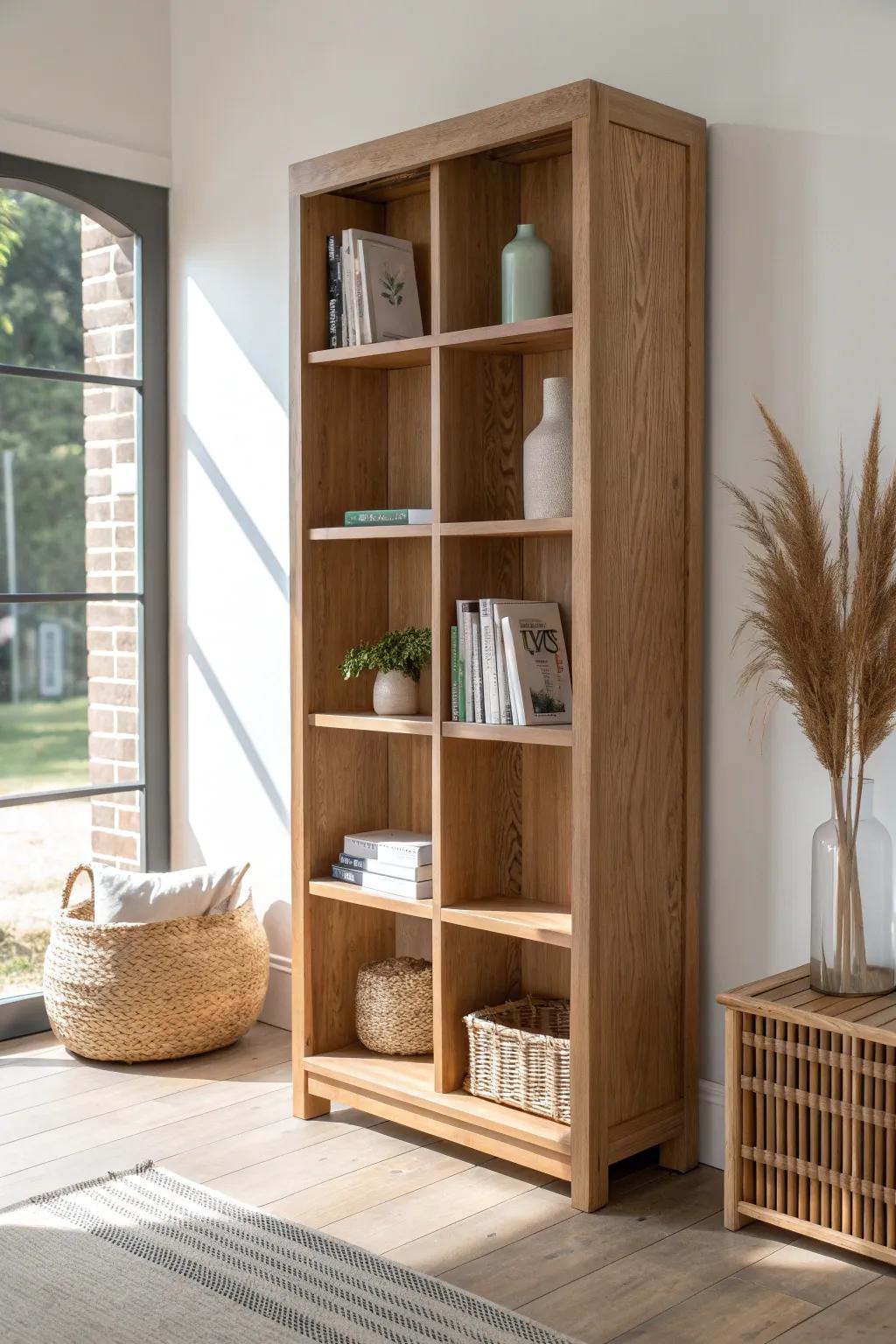 A see-through oak bookcase divider that defines your library zone while keeping the room bright.