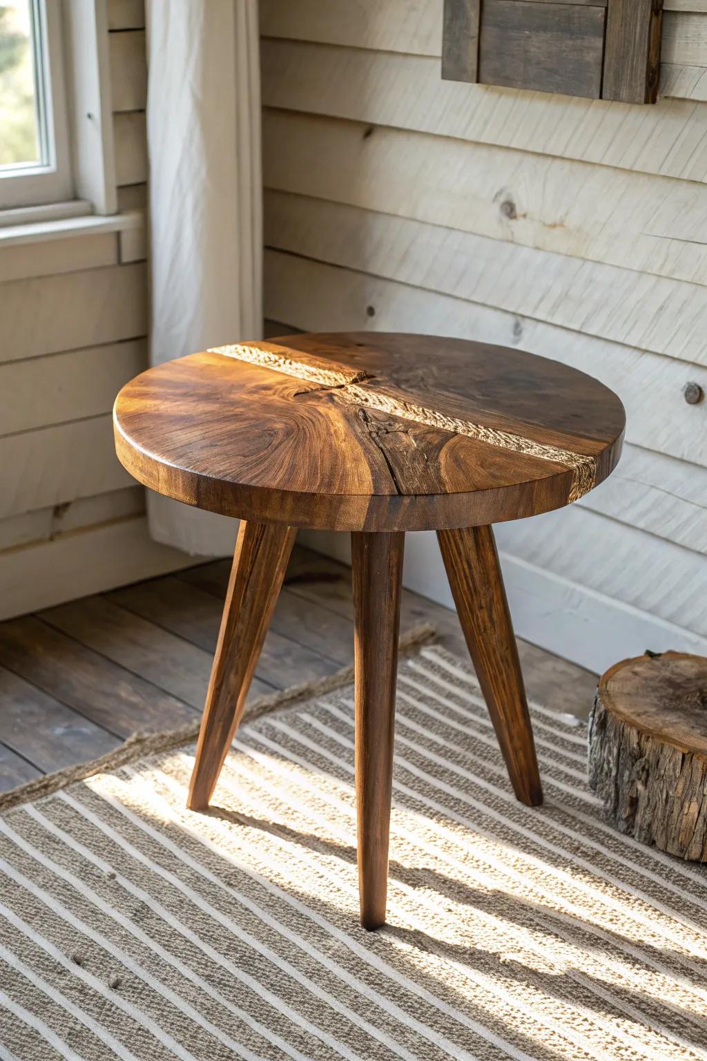 A sleek epoxy-inlay side table brings modern shine to rustic log cabin warmth.