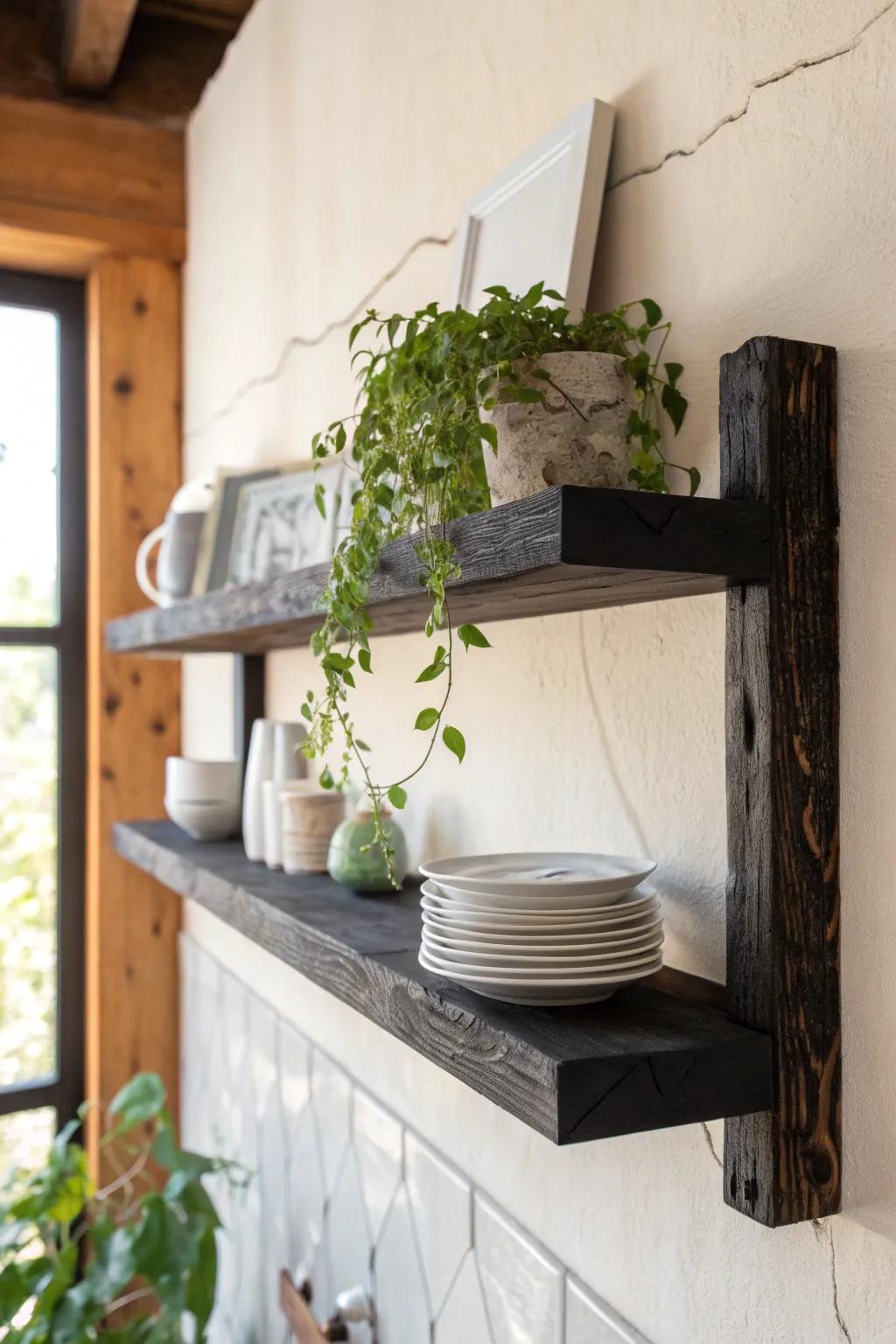 Charred cedar open shelving adds bold, moody contrast—making white dishes and greenery shine.