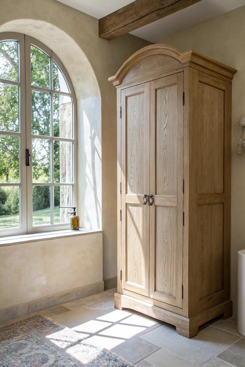 An arched, wall-flush linen cabinet—Tuscan warmth meets minimalist Scandinavian calm.
