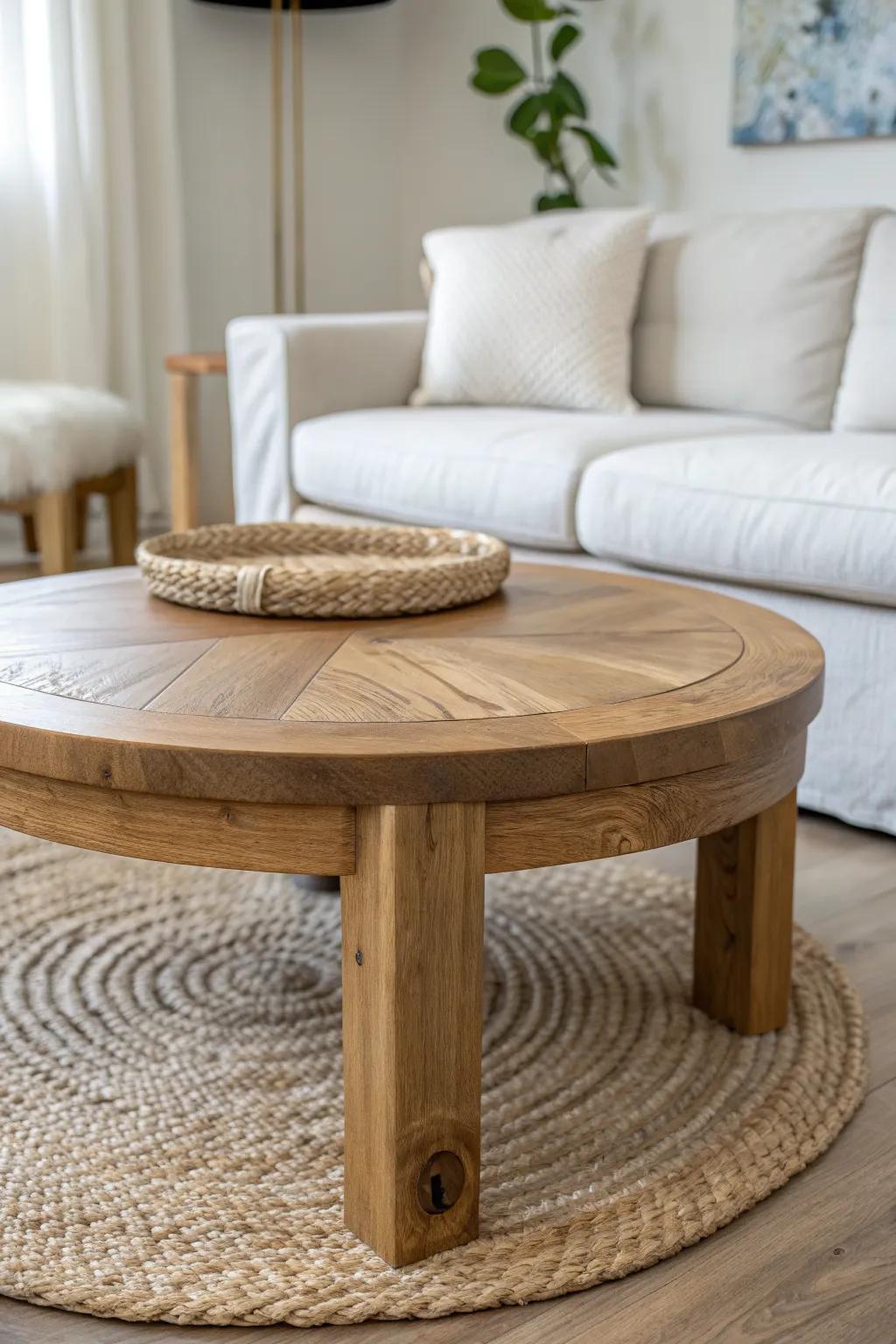 Round oak coffee table at the center of a modular circle—an indoor campfire for talk.