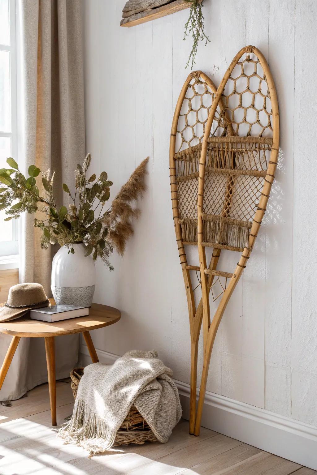 Vintage snowshoes as wall art—warm wood, clean lines, and mountain charm in one statement piece.
