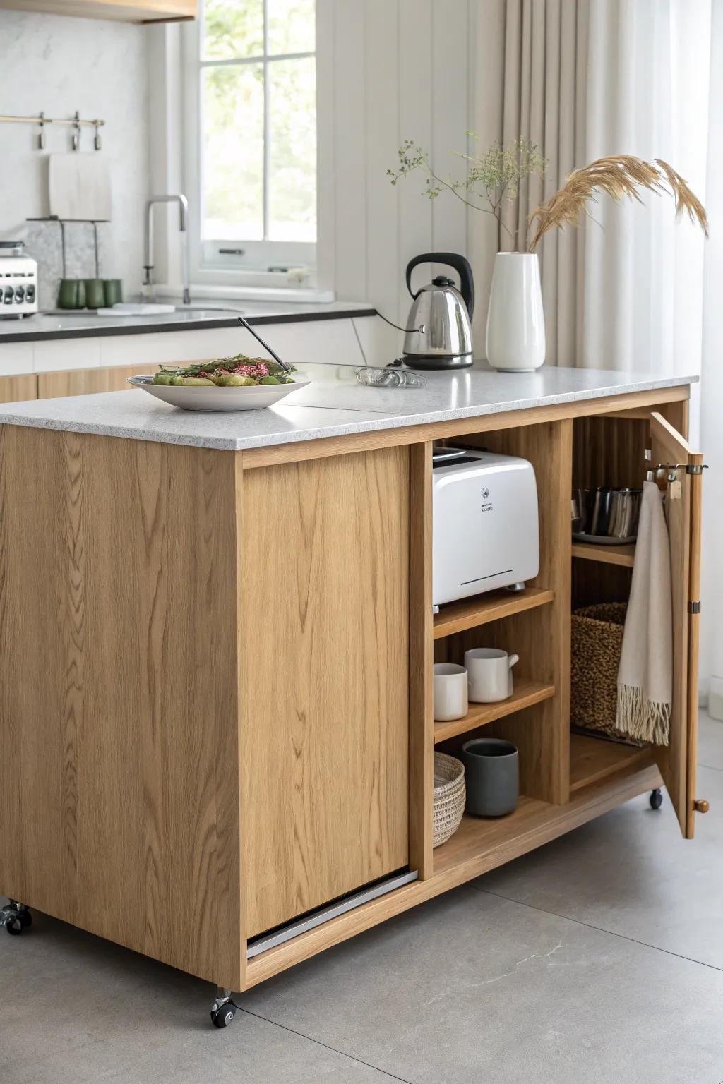 A rolling oak island with a hidden appliance garage—tidy counters, plug in only when needed.