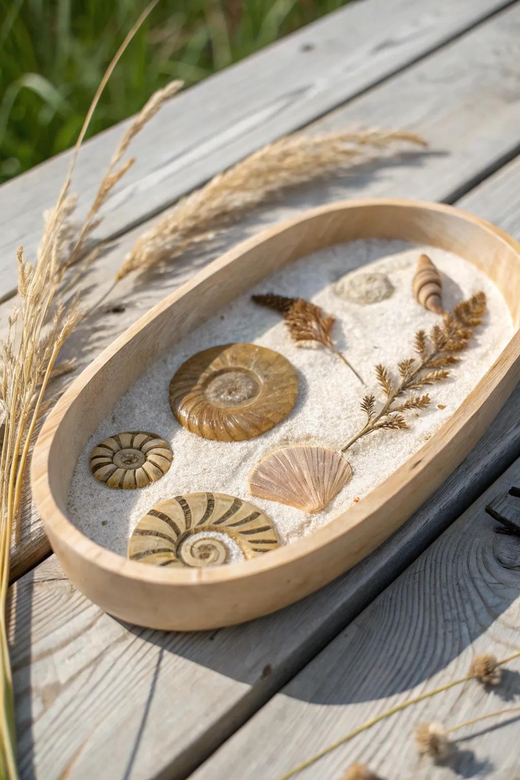 Fossil-inspired resin dig tray with kinetic sand—minimal, nature-themed, and beautifully handmade.