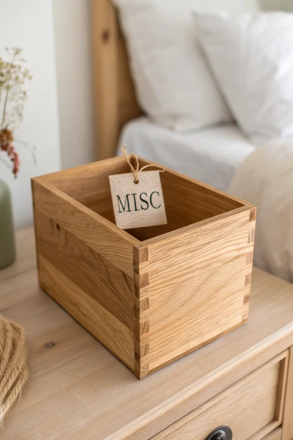A simple “misc” bin creates a purposeful catch-all—so every other nightstand zone stays neat.
