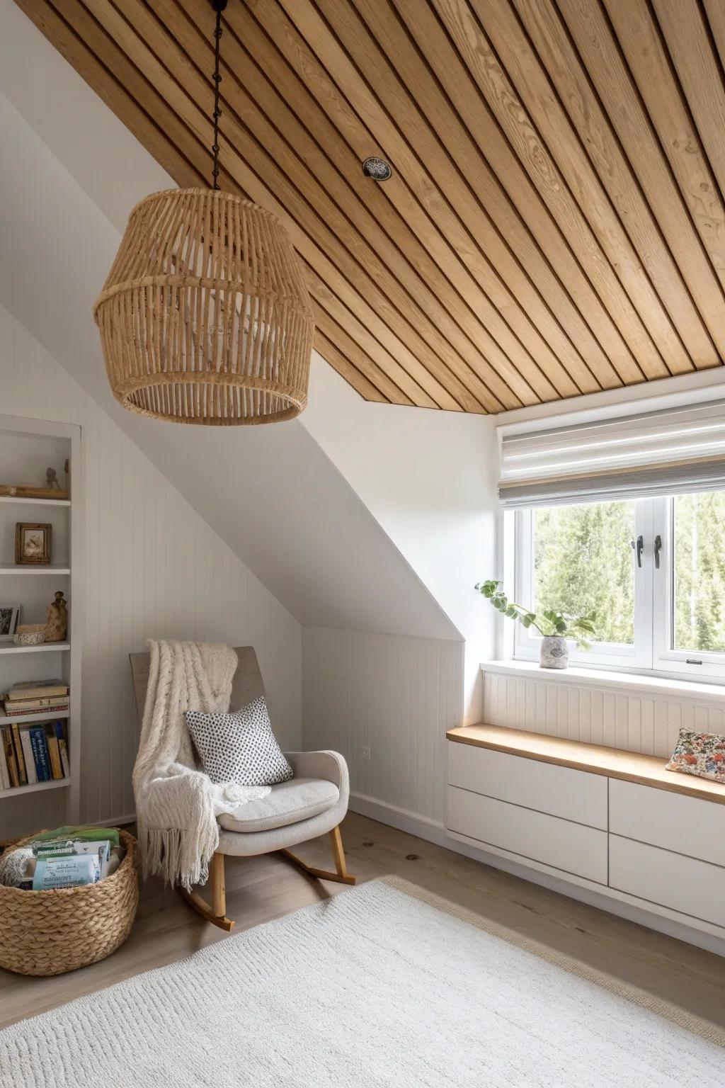 A warm wood-slat ceiling detail adds a custom, calming wow moment to the nursery nook.