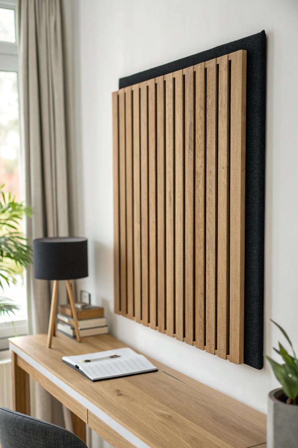 DIY wood slat accent adds instant texture—shadow lines make a simple office feel luxe.