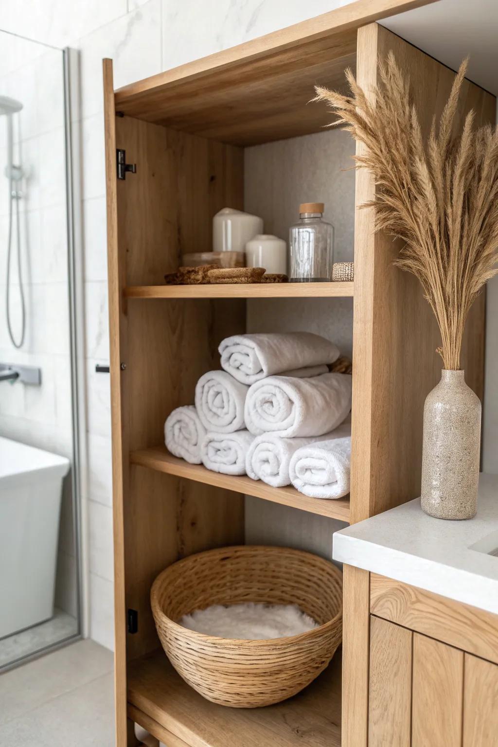 A simple open cabinet elevated by a bold live-edge shelf—natural texture, instant wow.