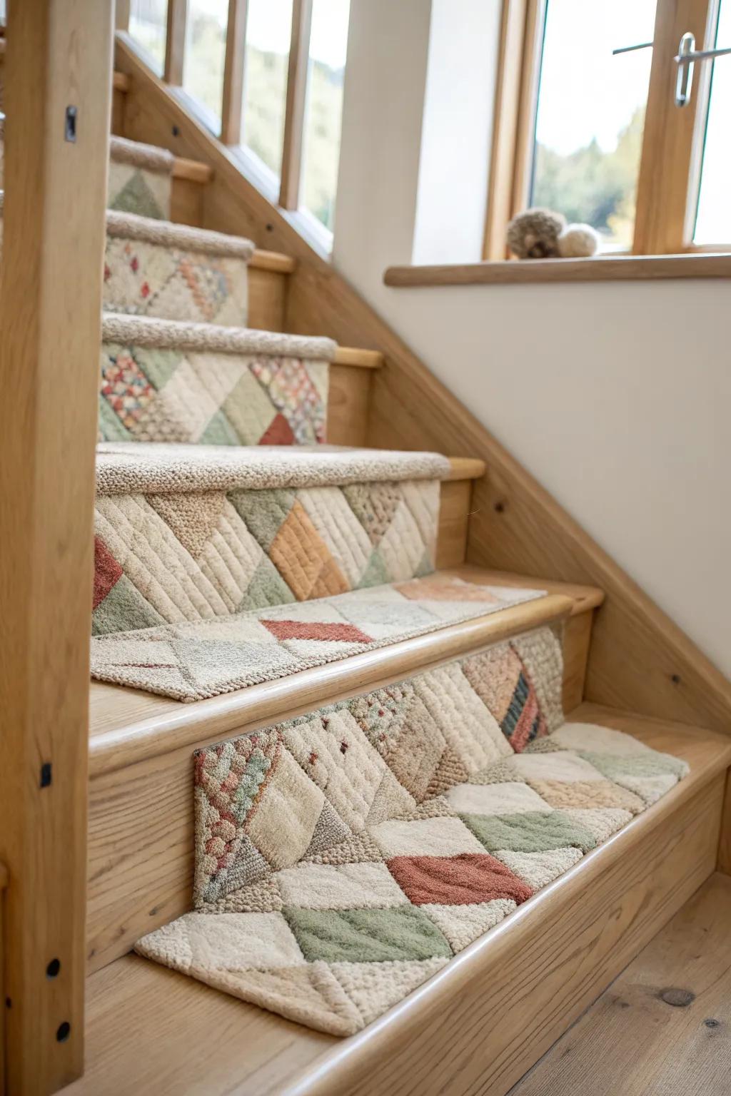 Rug remnants become a quilted patchwork tread—soft boho texture on airy oak stairs.