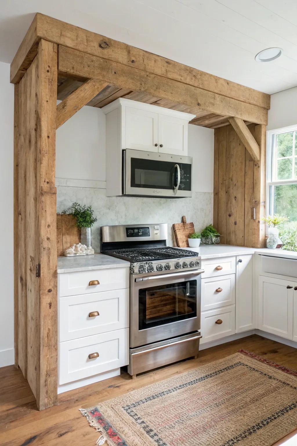 Reclaimed beam canopy + vent-friendly slats—rustic warmth with clean, minimalist contrast.