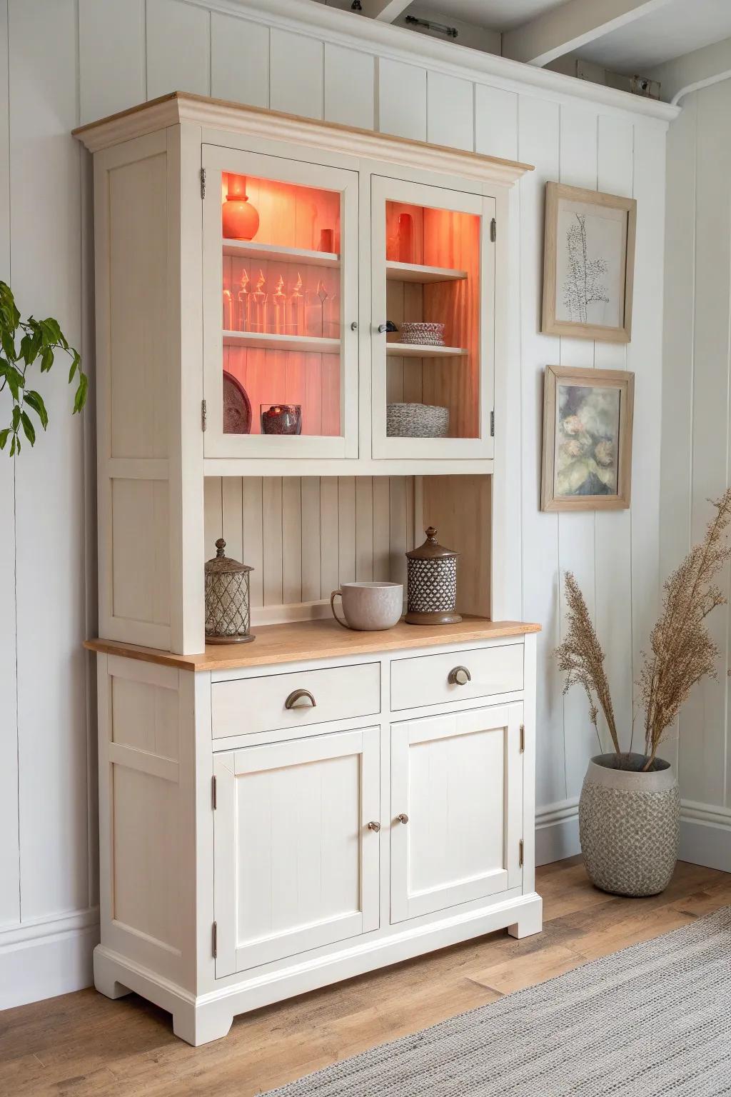 Classic outside, neon-coral shelves inside—this hidden hutch pop steals the show.
