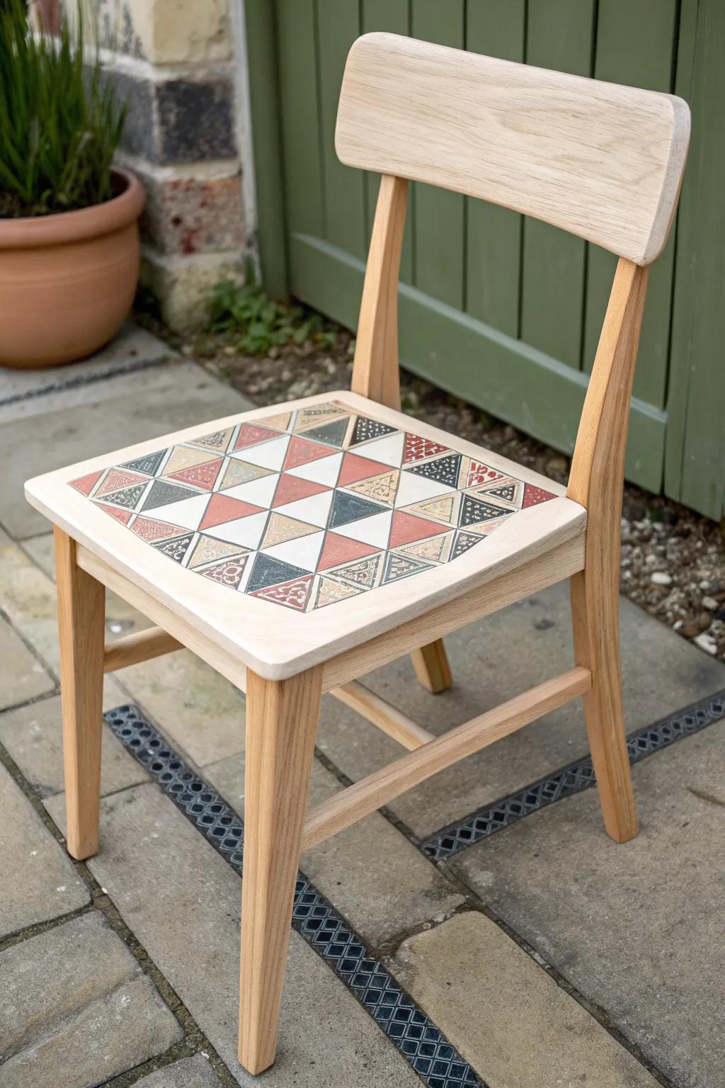 A mosaic-style painted seat adds instant wow—bold pattern, soft boho tones, and hidden wear.