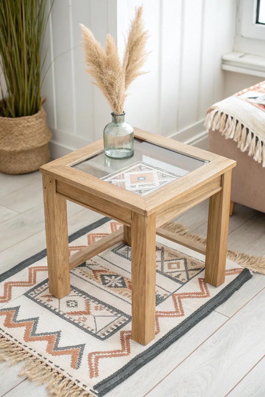 Paint a cozy rug pattern under glass for a warm, collected end table look.