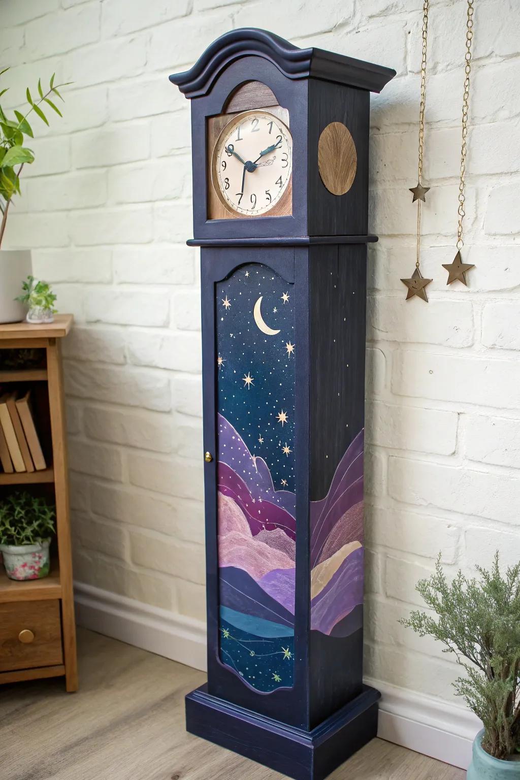 A galaxy-painted grandfather clock in deep navy and violet—bold, dreamy, and beautifully minimal.