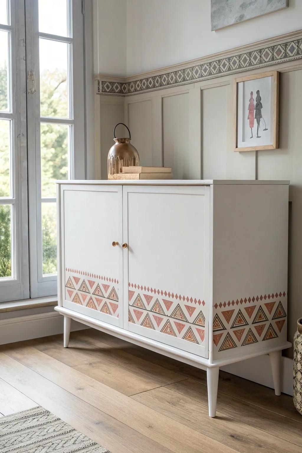 Hand-painted “rug” border turns a simple sideboard into a Scandi-boho statement piece.