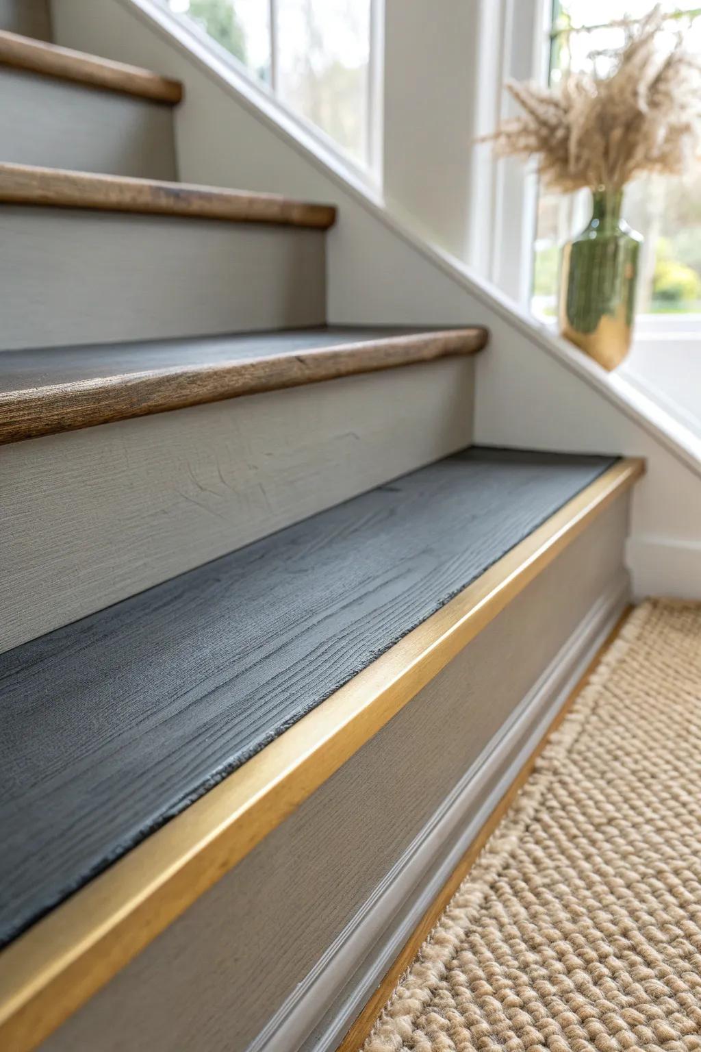 A thin metallic line on the stair nosing turns simple paint into a luxe, built-in finish.