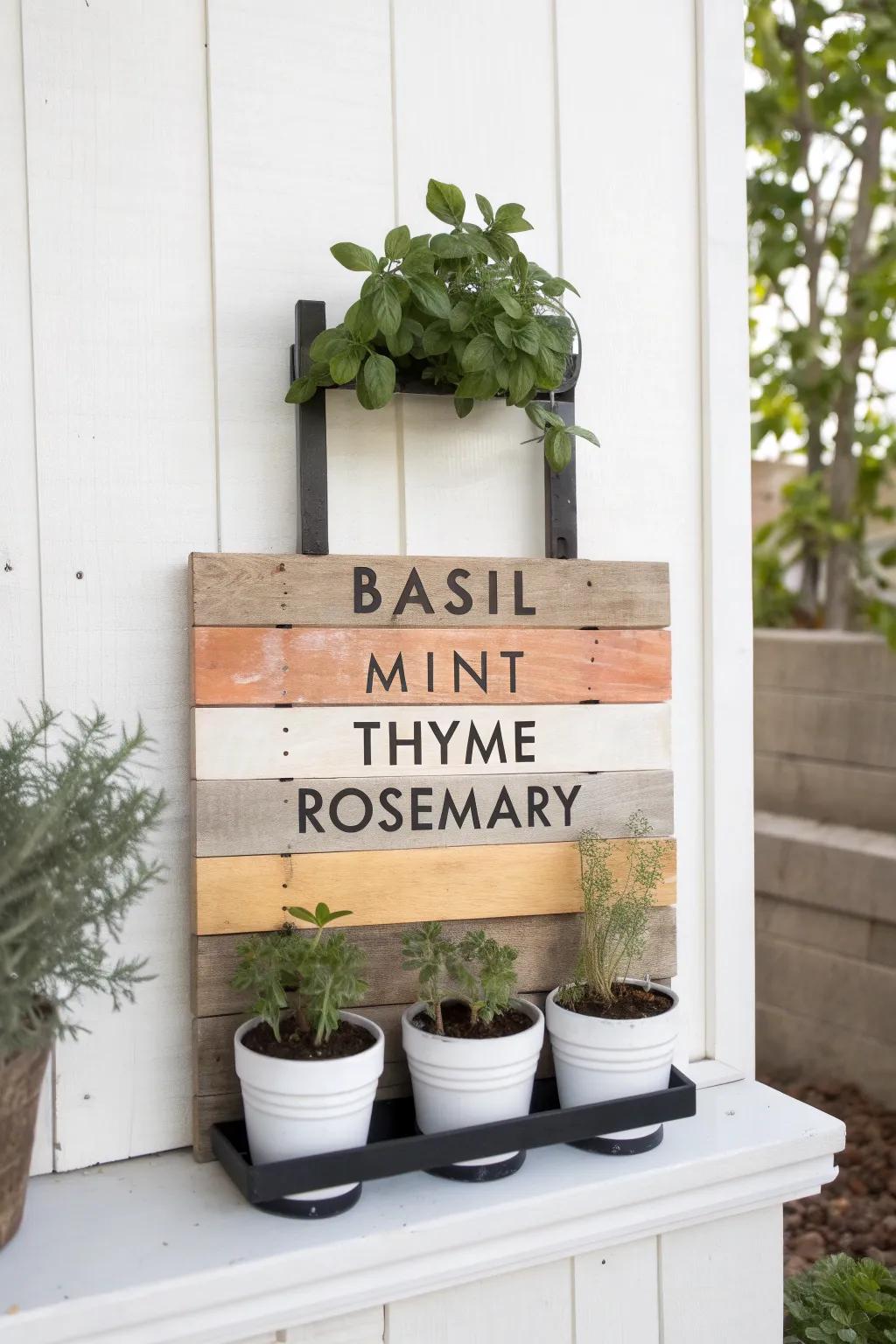 Painted pallet herb marker wall—bold labels, soft tones, and tidy pots for chic garden decor.
