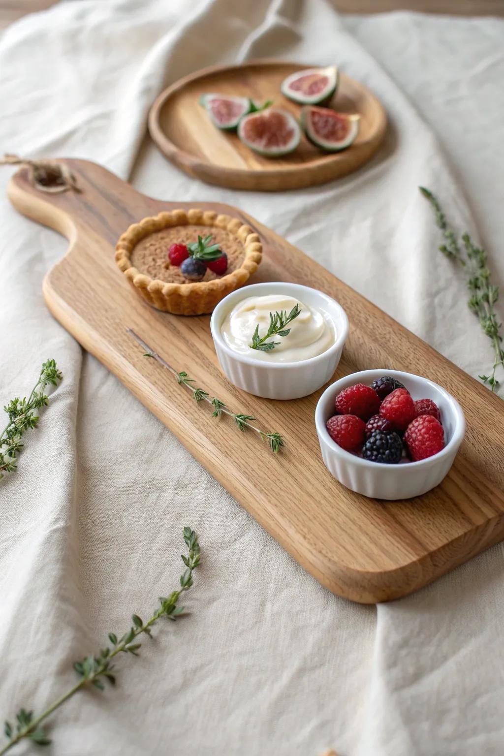 DIY tartlet board: mini shells, pastry cream ramekins, fruit, and chocolate—beautifully simple.
