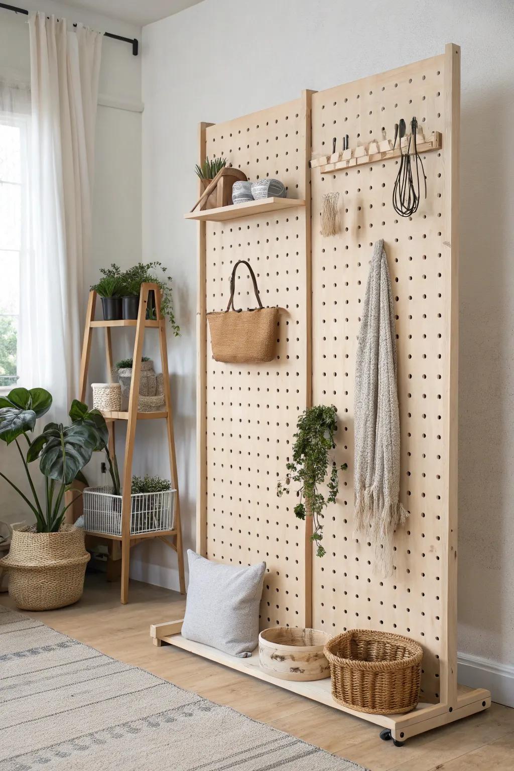 A freestanding pegboard divider that stores tools on one side and styling on the other.