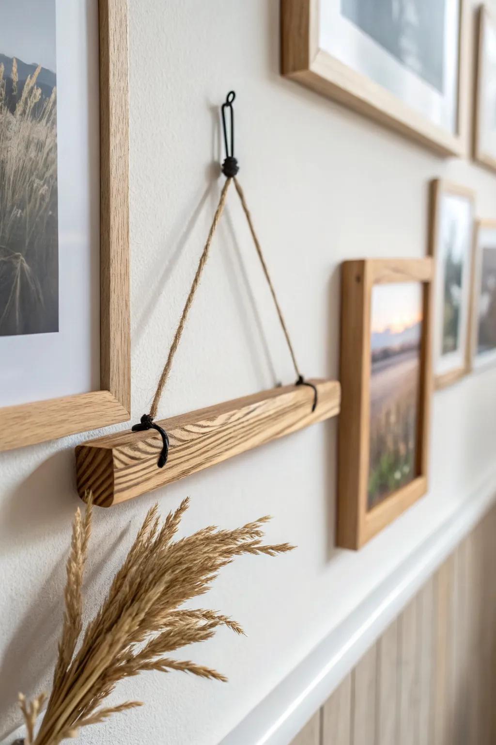 A simple oak rail with a hanging frame adds shadow, depth, and an effortless studio vibe.
