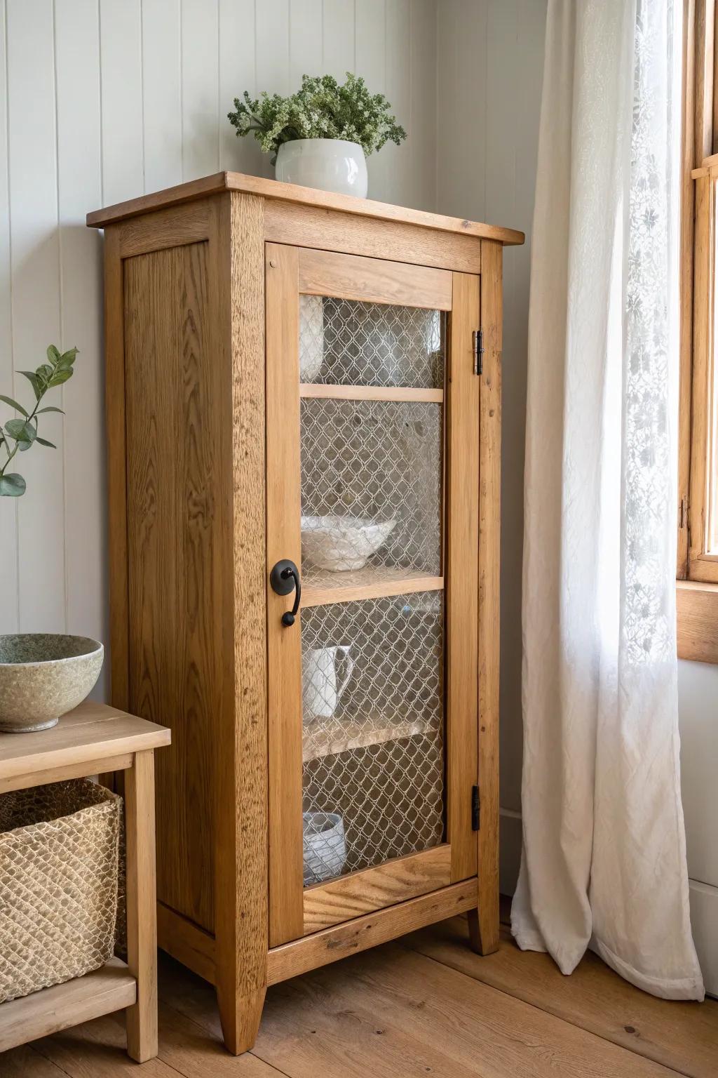 A mirrored pie safe back adds instant depth—making simple stoneware glow in soft light.