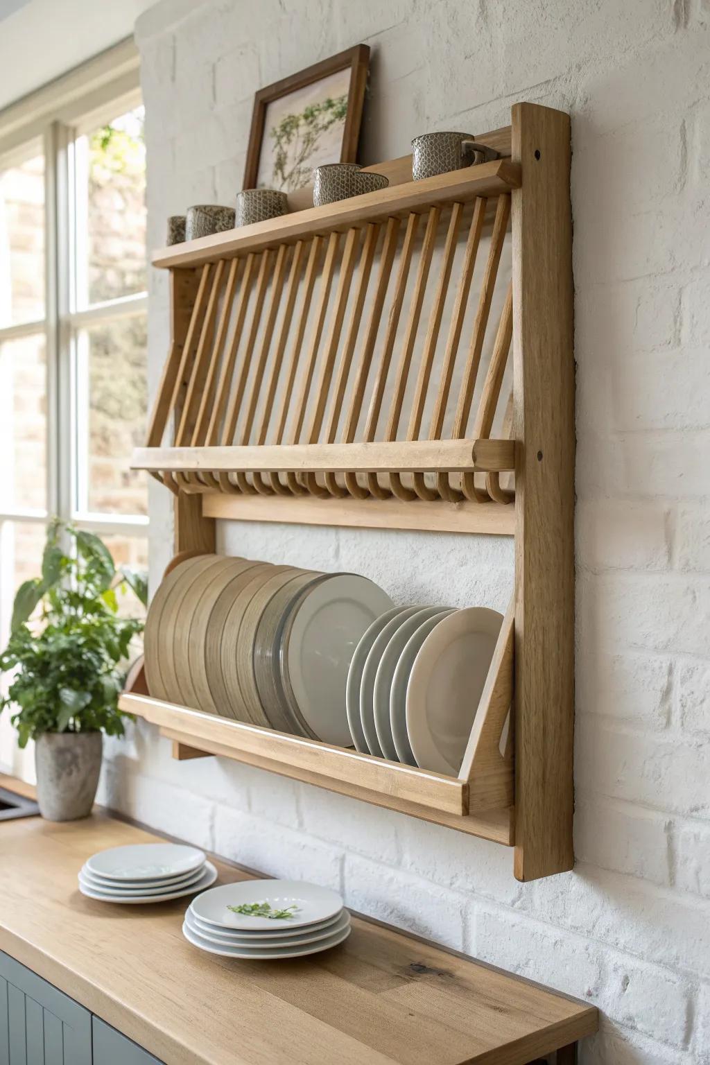 A clever fold-down plate rack that flips into a slim serving shelf—perfect for small spaces.