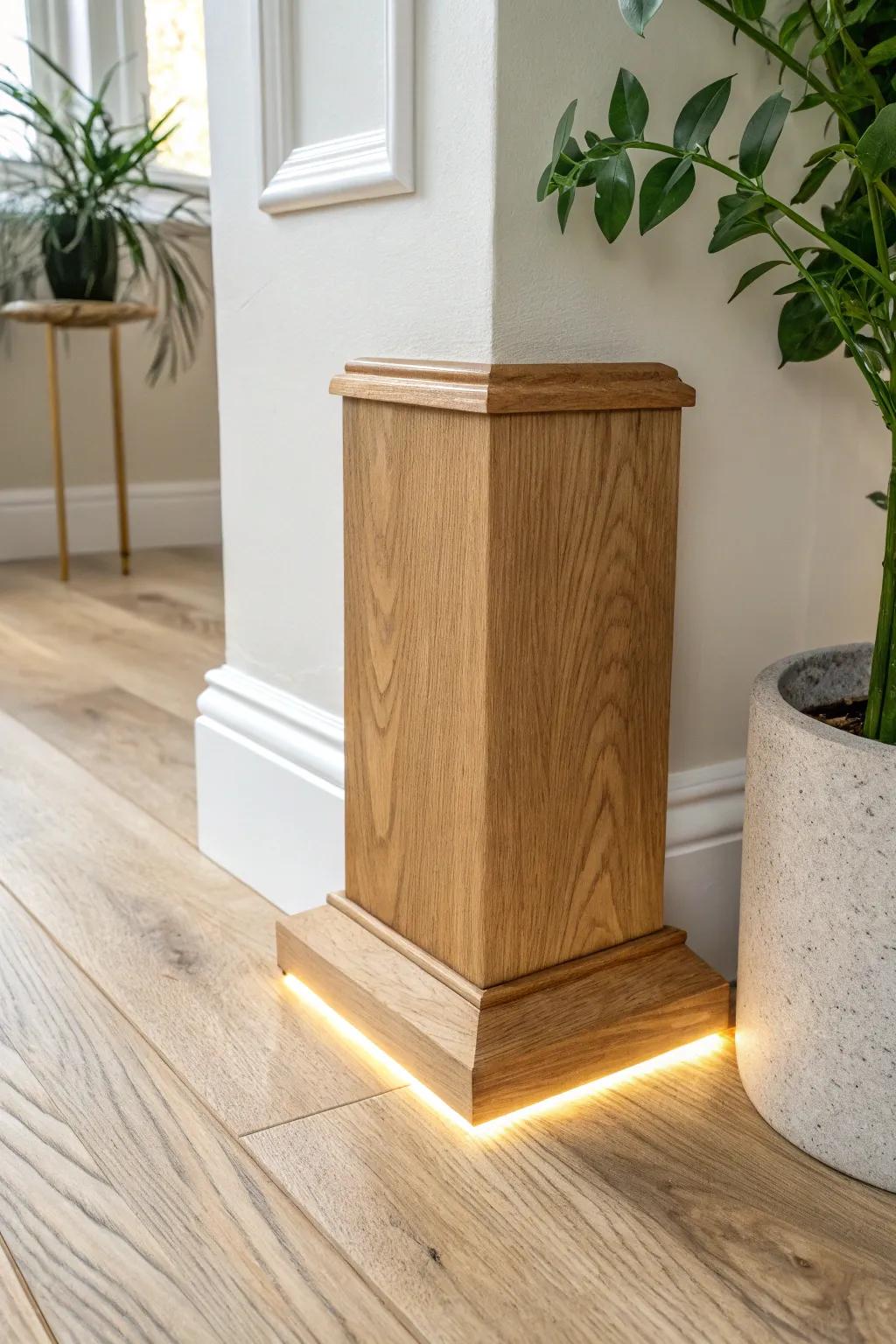 Hidden LED glow under an oak plinth block—soft floor-wash lighting for a cozy, high-end finish.