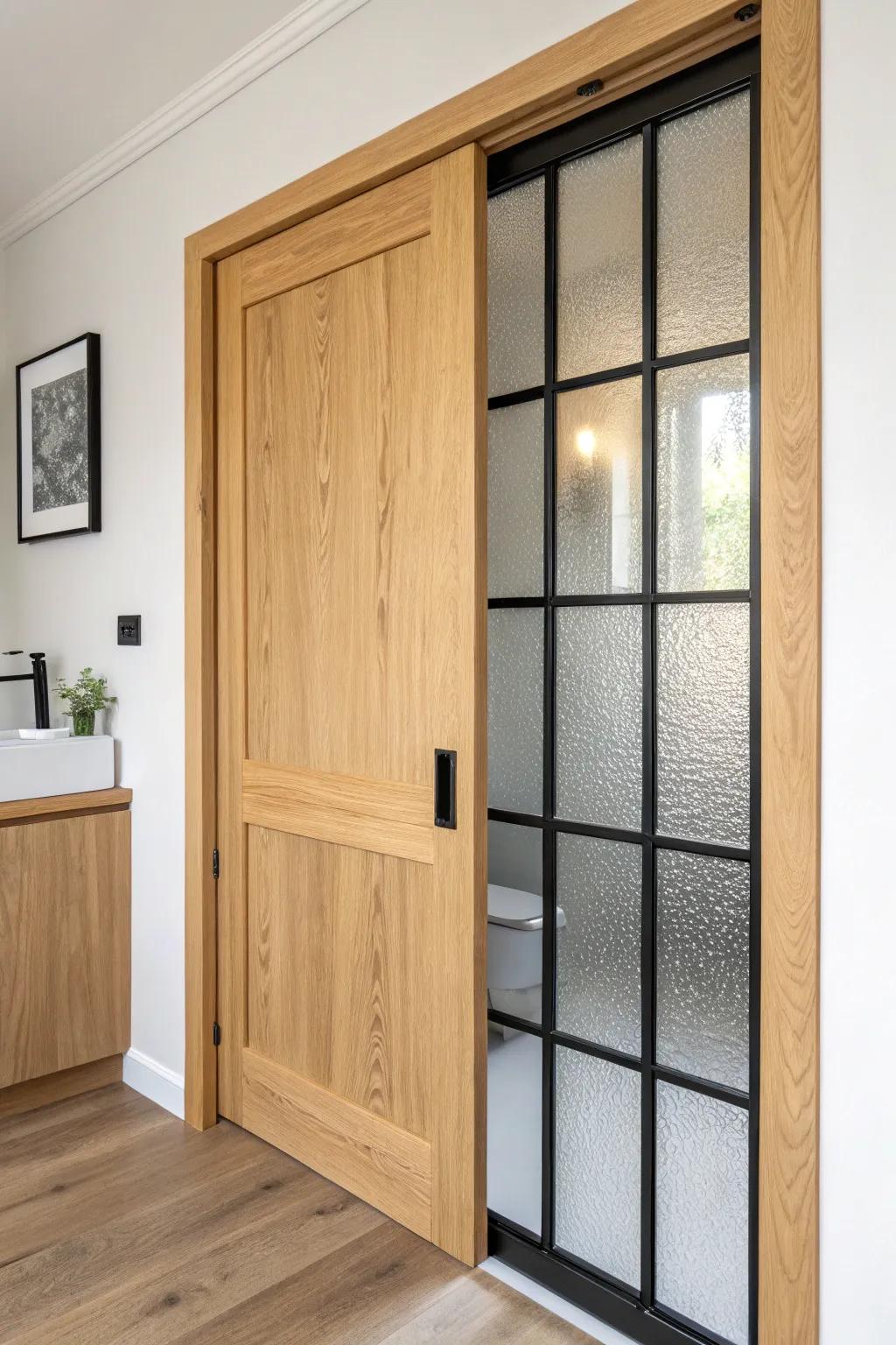 Warm oak meets matte black grid glass—an elevated pocket door with private, soft light.