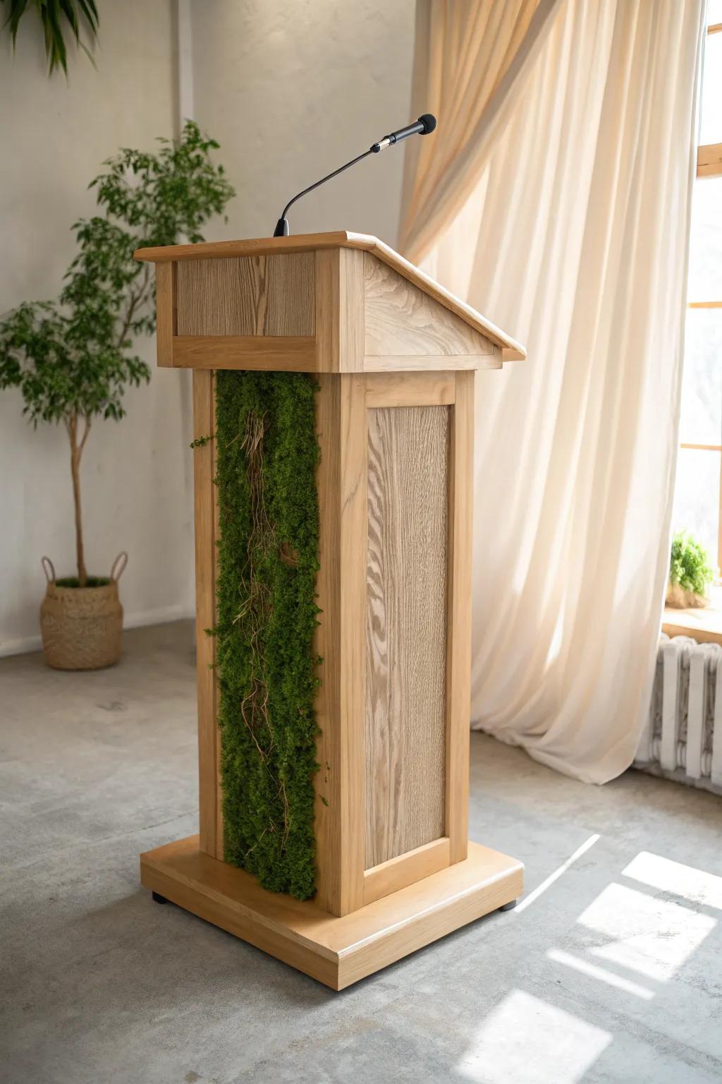 A woodland podium moment: oak simplicity wrapped in moss and twigs for storybook texture.