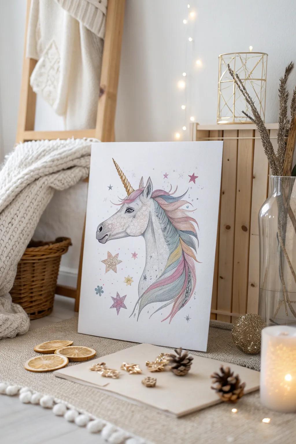 Unleash a touch of magic with this enchanting pop-up unicorn poster, perfect for adding whimsy to any minimalist space.