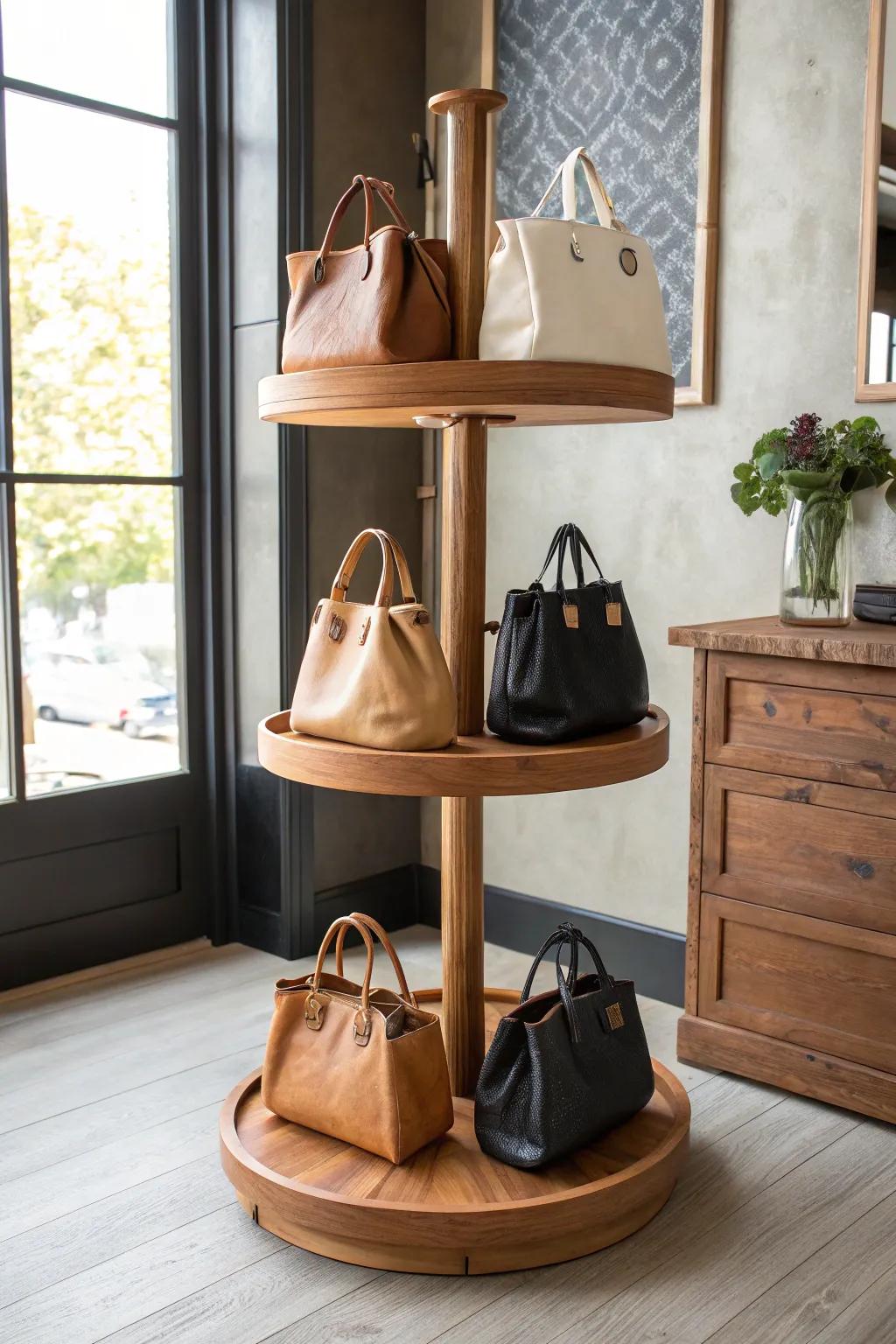 Spin to choose your favorite—this rotating wooden purse carousel shelf is storage + statement.