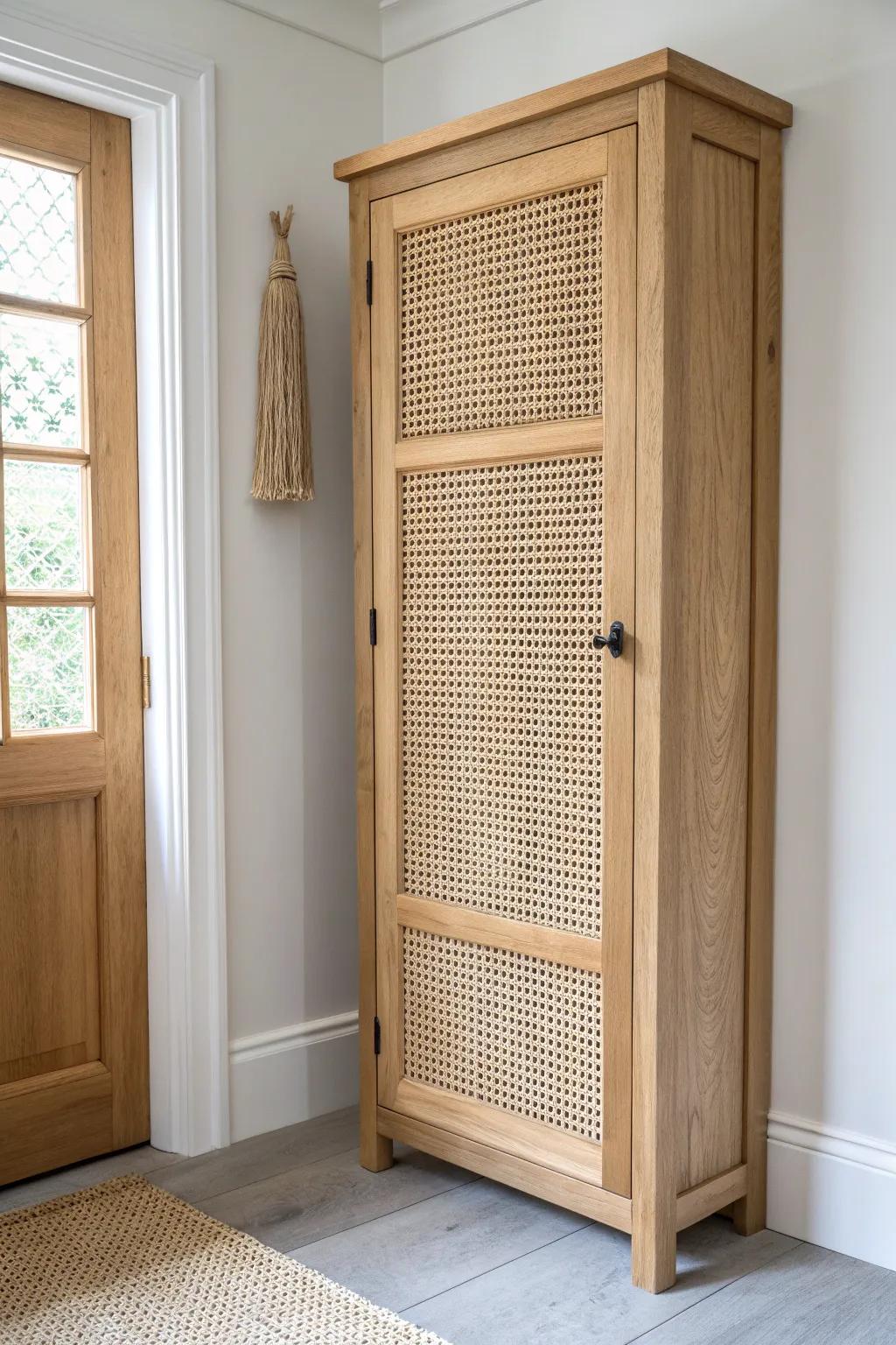 Light oak built-in door with rattan insert—adds airy texture while hiding everyday clutter.
