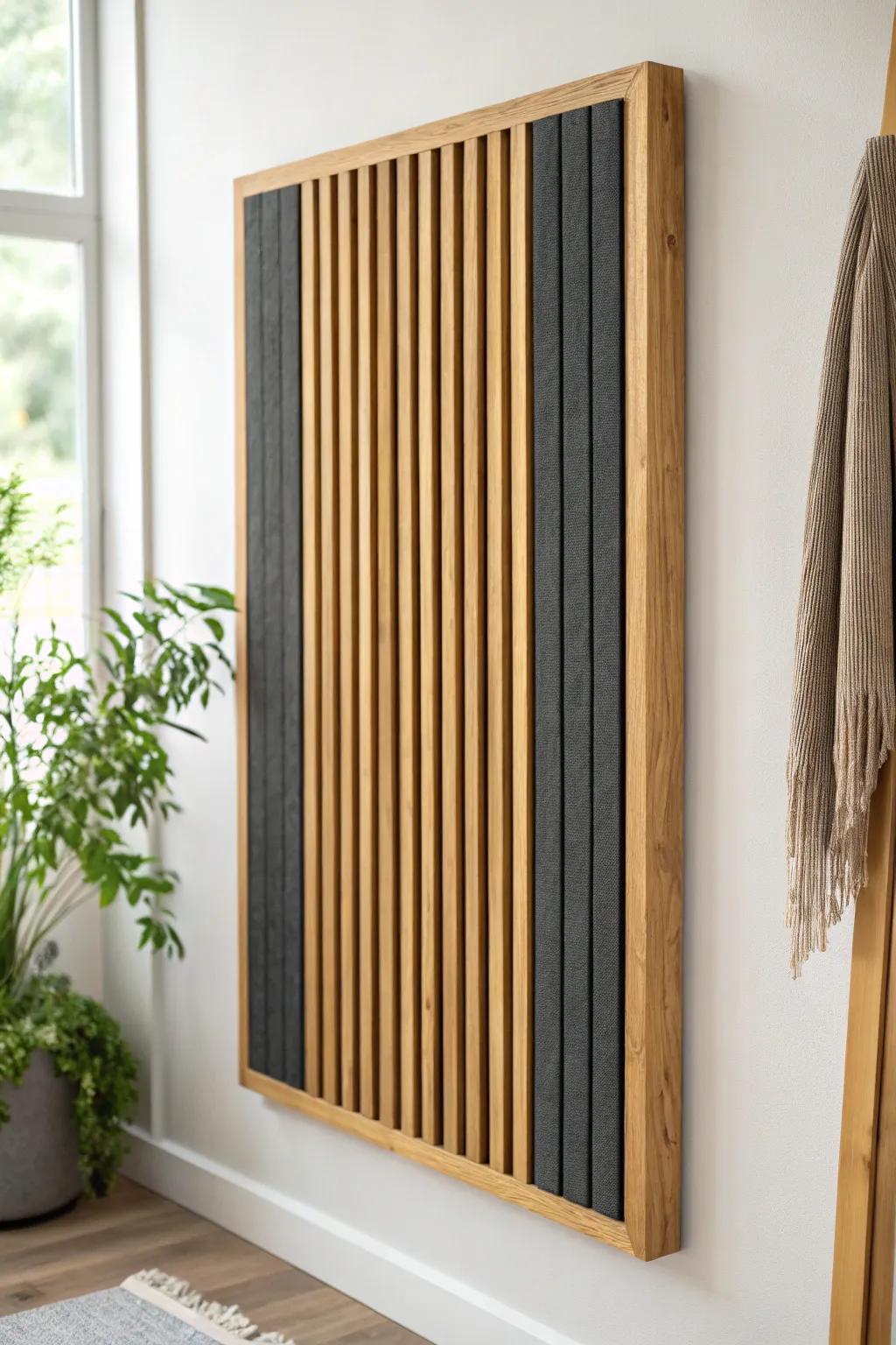 Warm oak slat acoustic wall panel over felt—calms a reading corner with cozy texture.