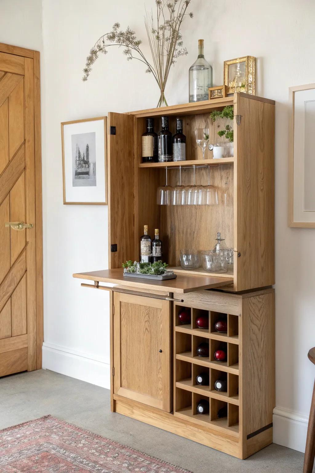 Space-saving fold-down wall bar: a slim oak cabinet that opens into a mini counter.
