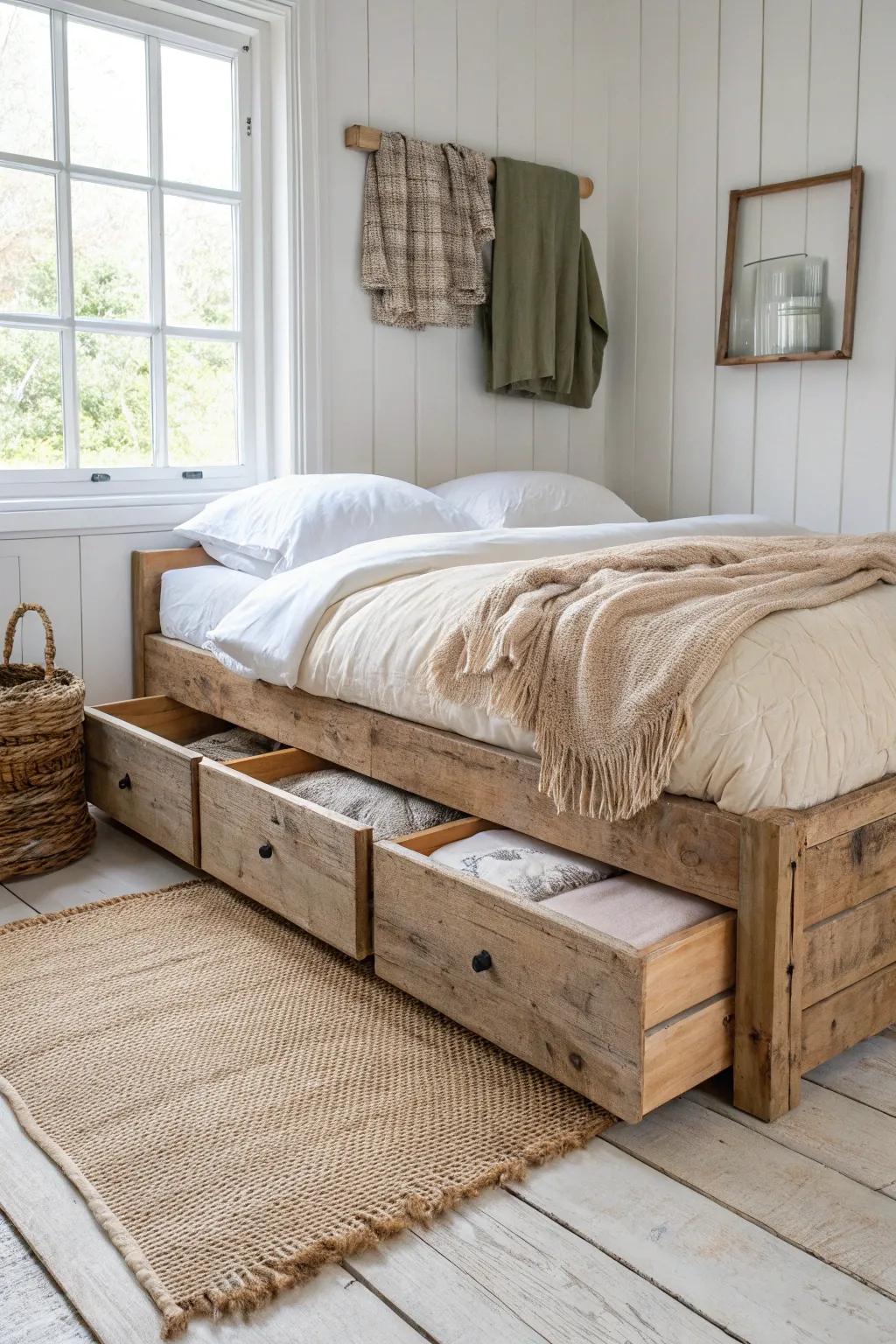 Reclaimed wood bed with hidden drawers—beautiful patina outside, extra blanket storage inside.