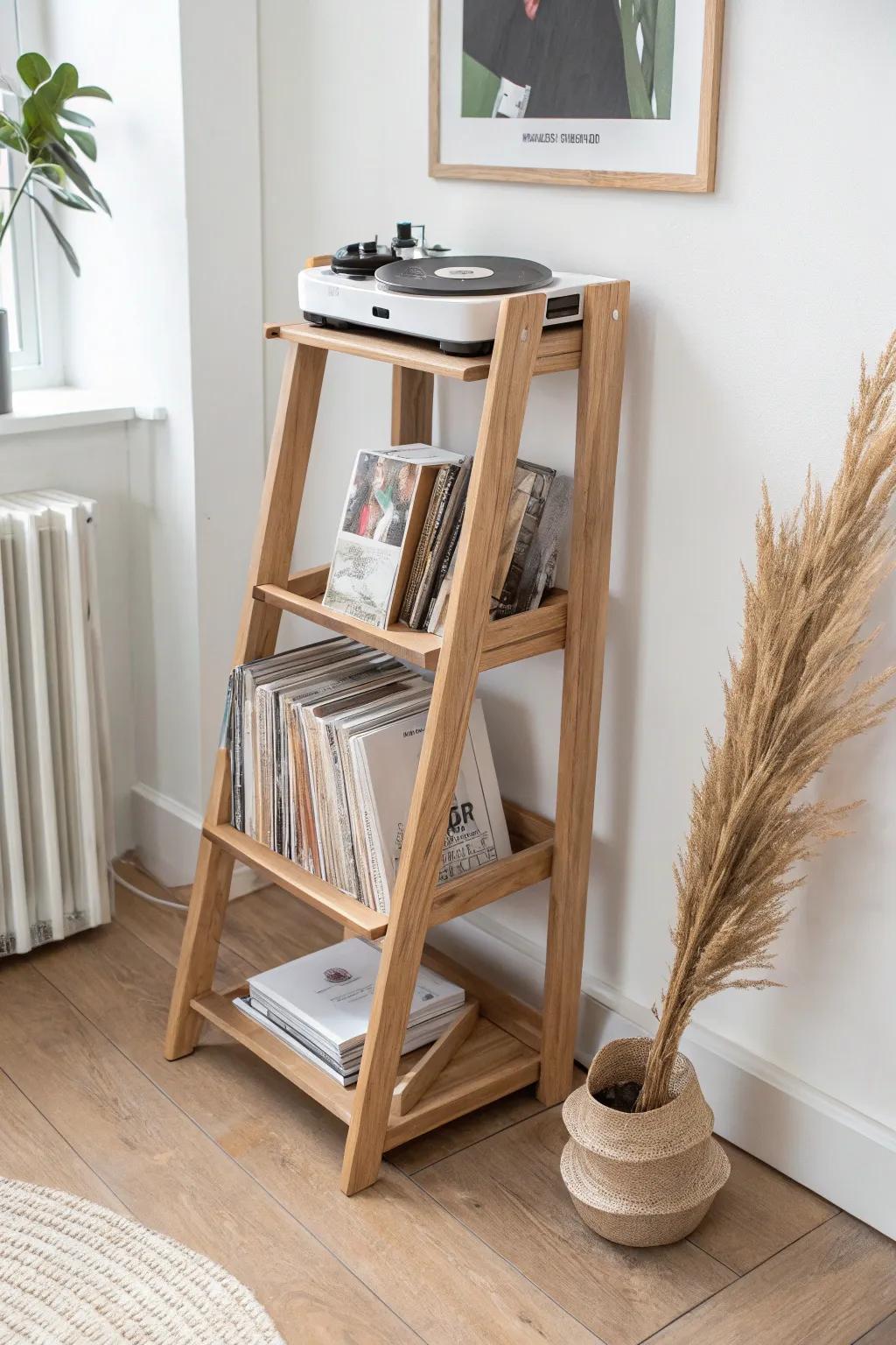 Leaning ladder record stand: turntable on top, vinyl ledges below—airy, warm, and tidy.