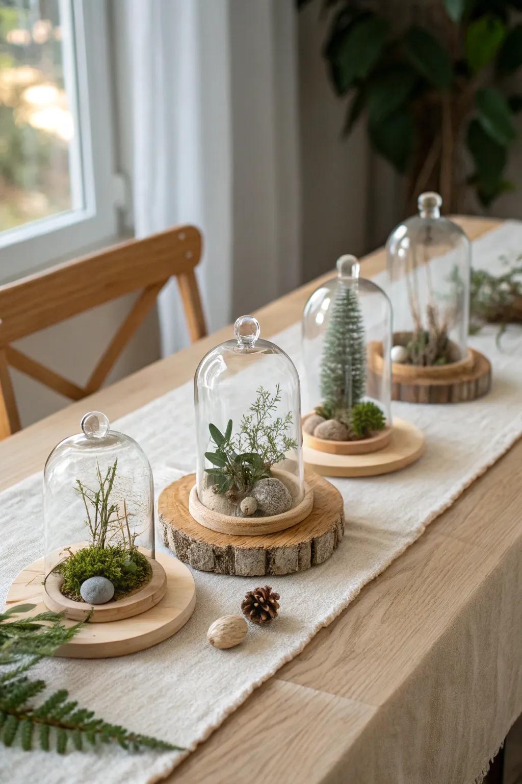 A tiny cloche lineup turns a rectangular table into a calm, museum-like winter display.