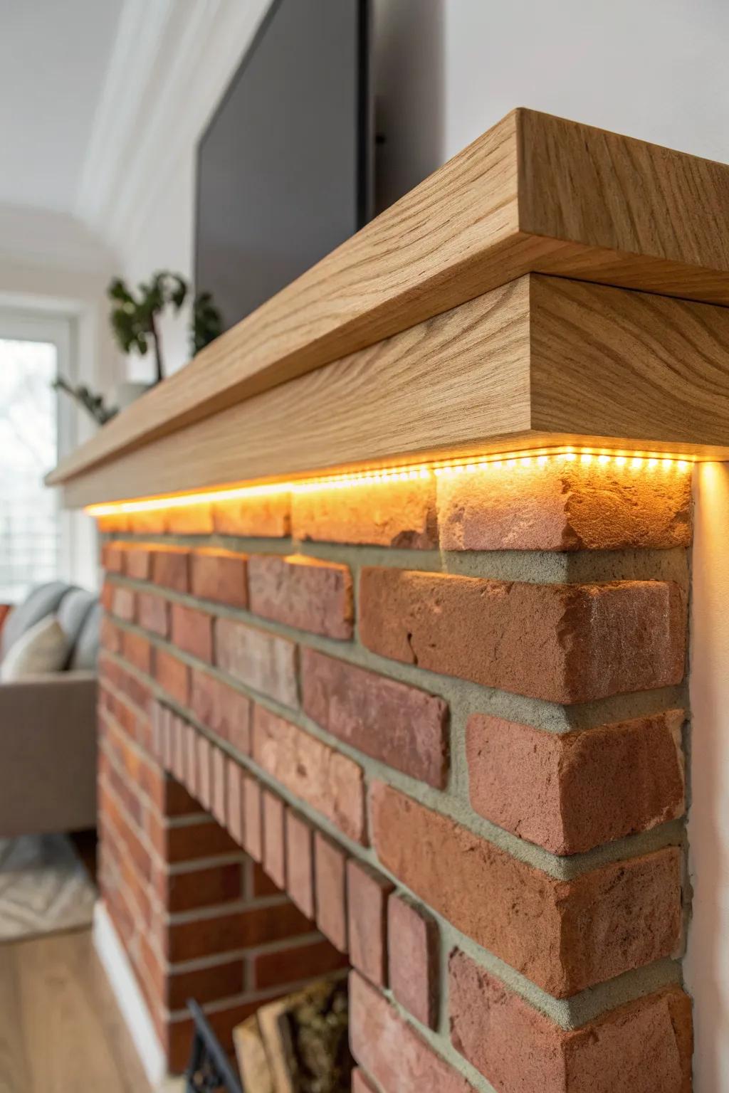 Warm grazing light turns red brick into art—simple oak mantel, gallery-worthy texture.