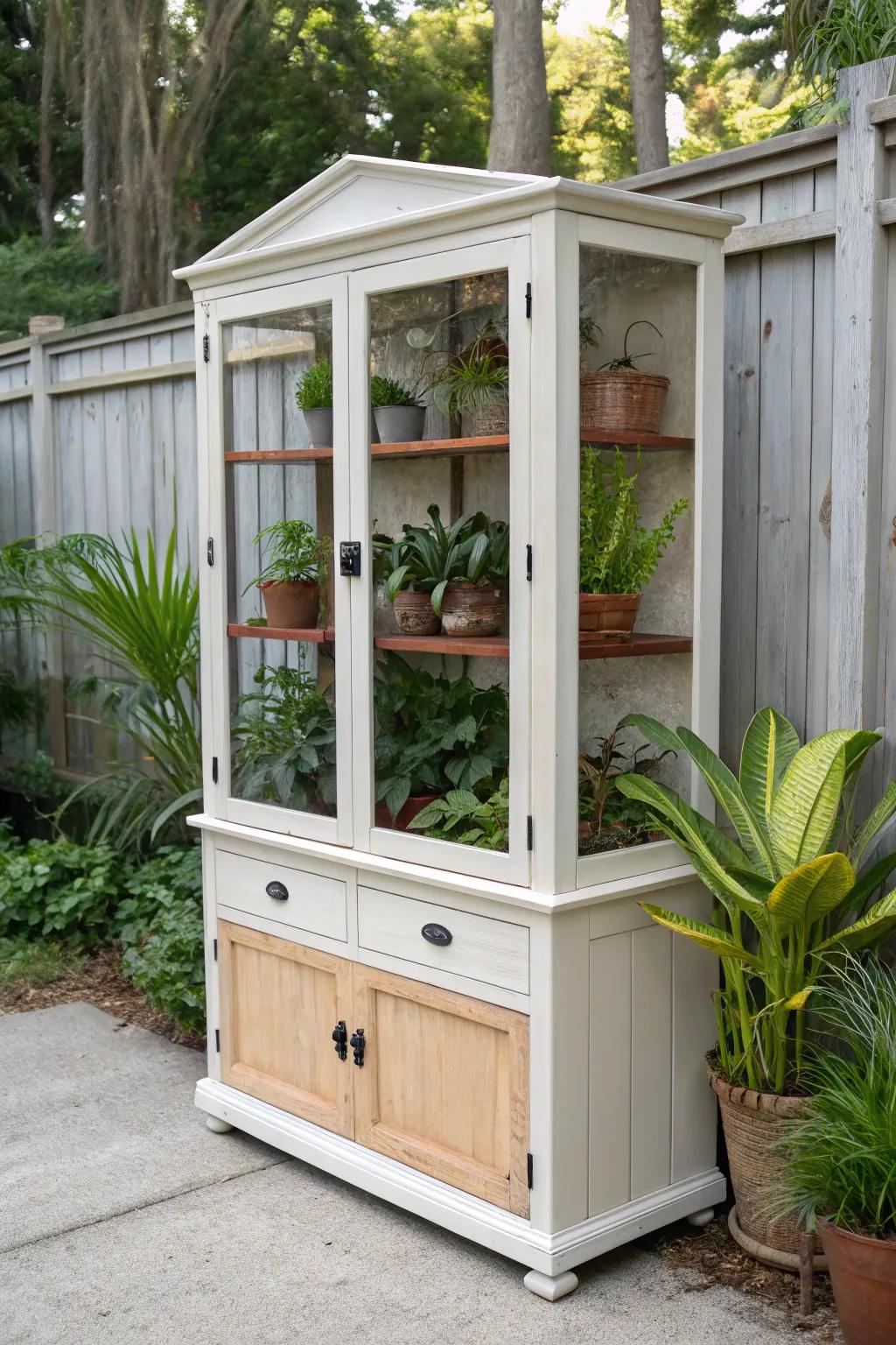 Build a greenhouse hutch from a china cabinet—sealed interior, wood shelves, and thriving plants.