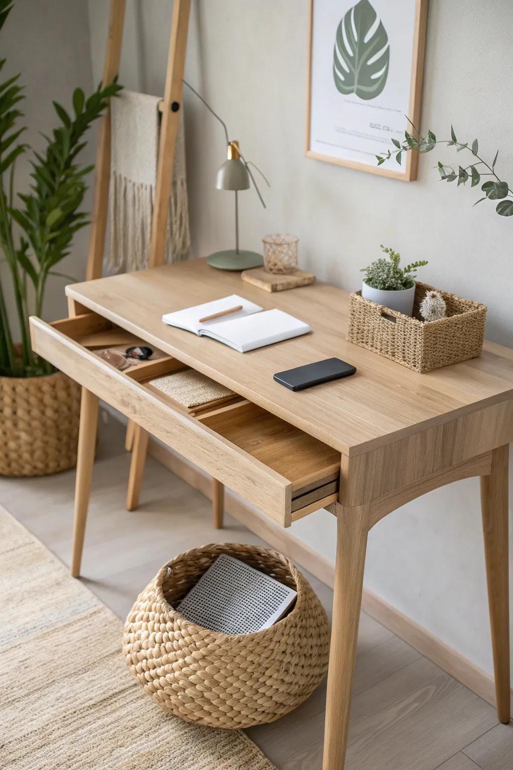 Discover the art of hidden storage with this beautifully crafted minimalist desk. Perfect for keeping your secrets safe!