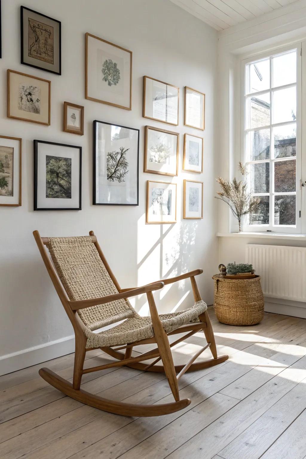 A cozy rocking chair corner framed by a simple gallery wall—thrifted frames, calm contrast.
