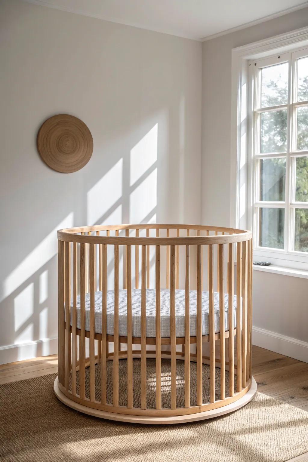 Round crib spotlighted by a warm white-to-sand ombre wall fade—minimal, serene, handcrafted.
