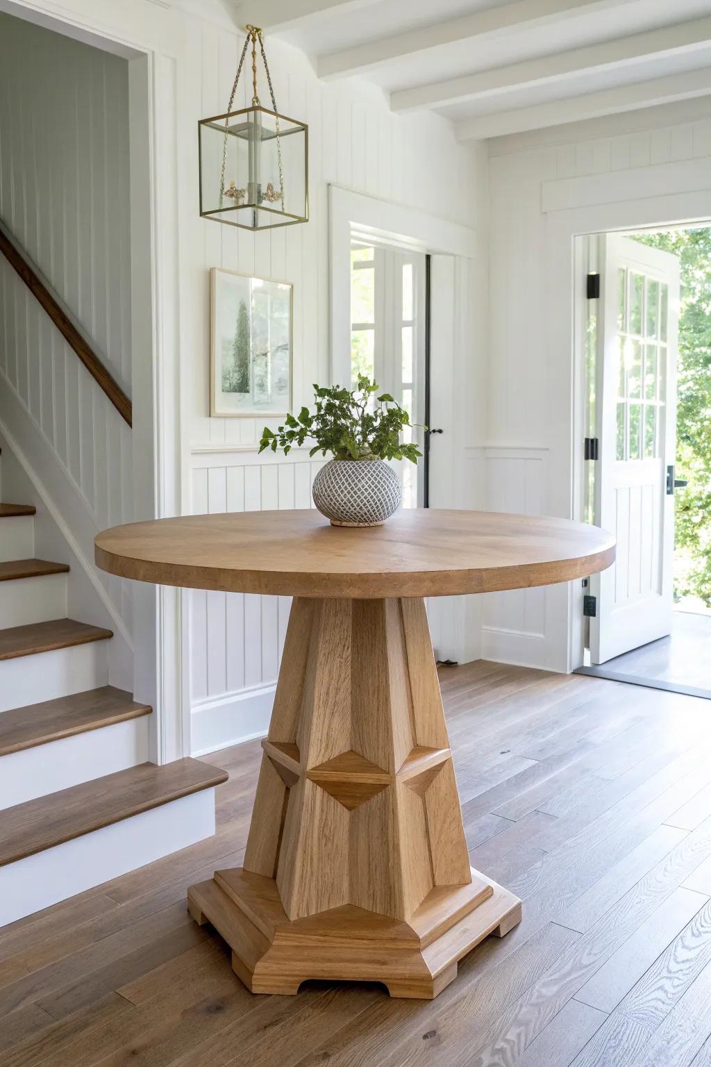 A round entryway table with a sculptural geometric wood base—handbuilt and unforgettable.