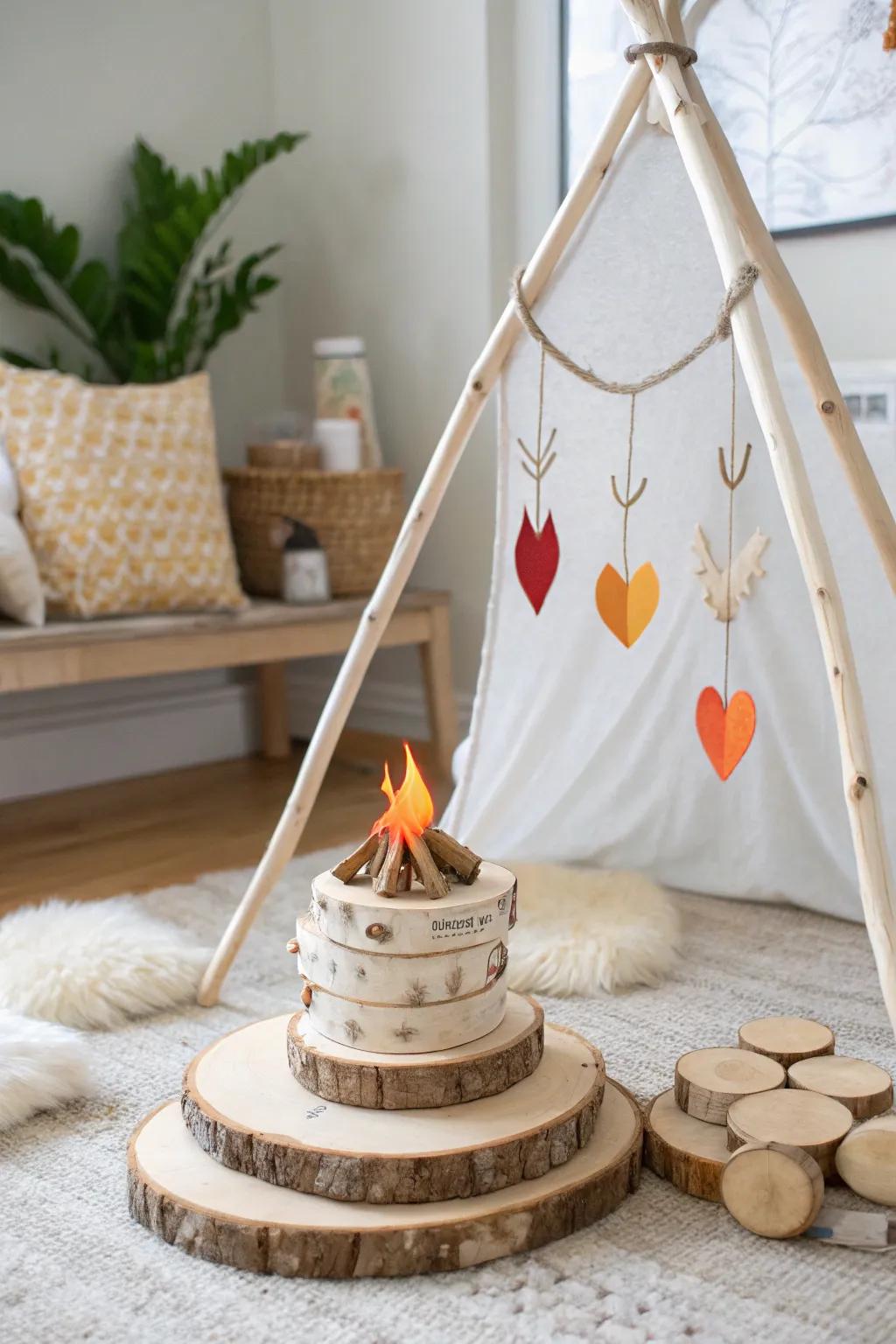 A tiny faux campfire reading nook—wood rounds, soft rug, and felt flames for cozy stories.