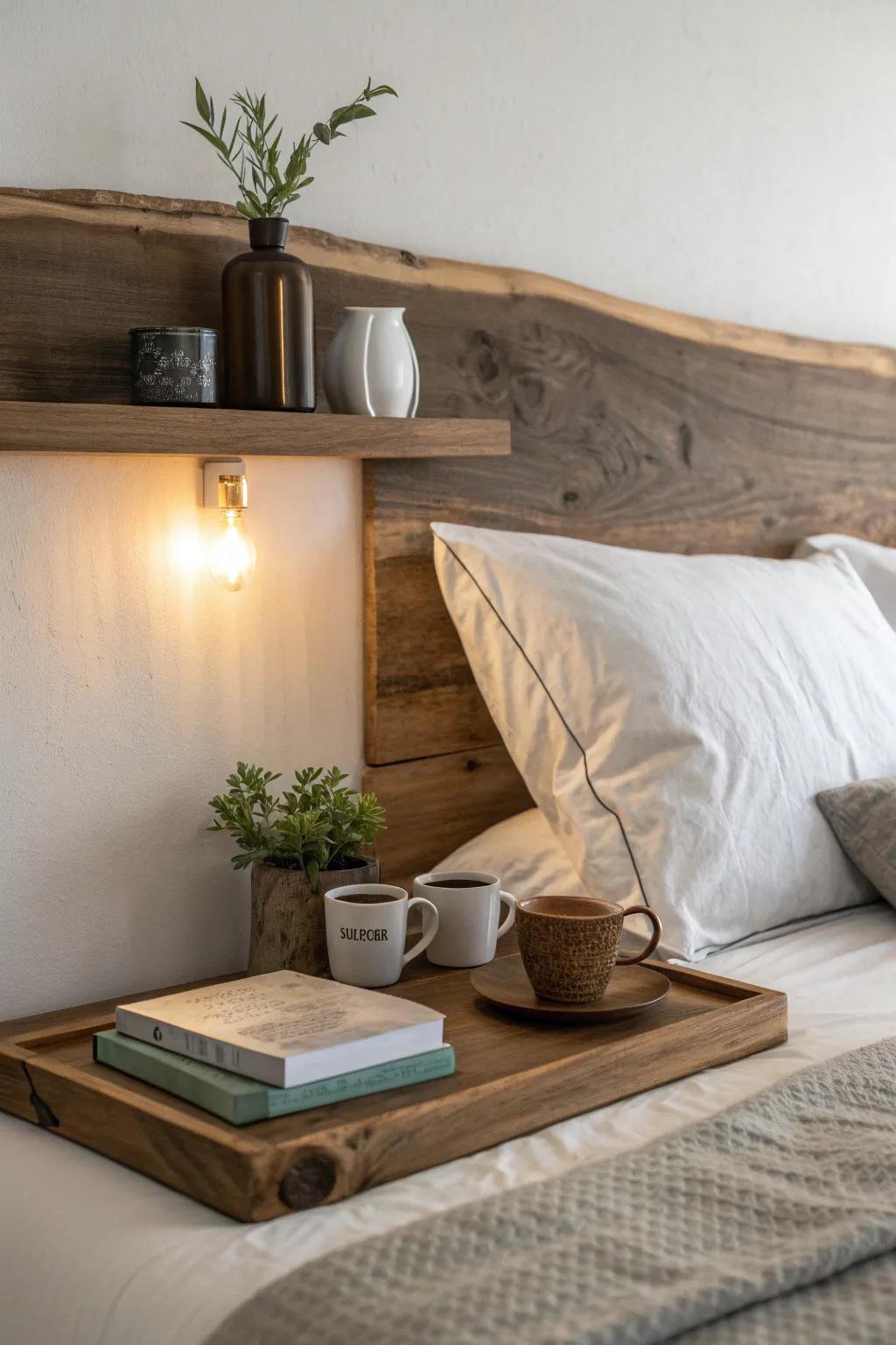 Live-edge headboard shelf with hidden warm night lights for cozy, clutter-free couple style.